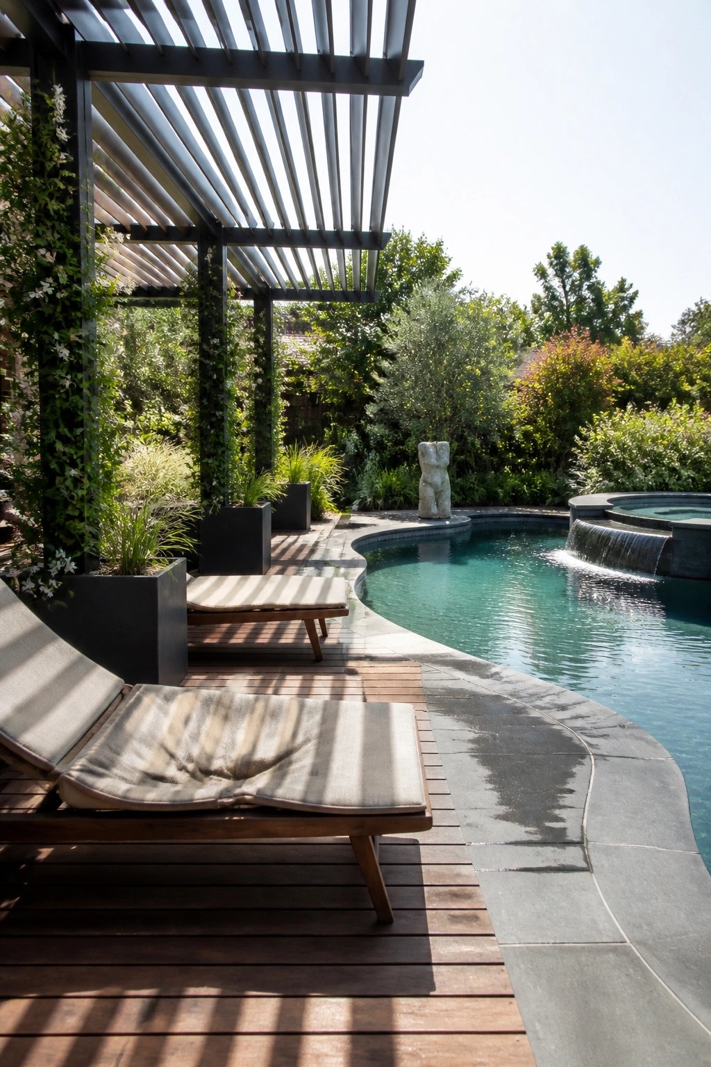 18 Clever Pool Shade Cover Ideas That Provide Adjustable Sun Protection Wooden lounge chairs rest on a deck beneath a slatted pergola beside a curved pool with a small waterfall feature.