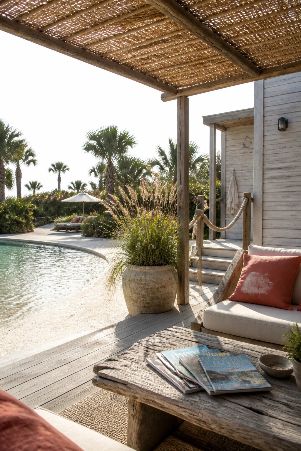 18 Clever Pool Shade Cover Ideas That Provide Adjustable Sun Protection Wooden deck with a thatched roof overhang next to a pool, showing potted plants and outdoor seating.