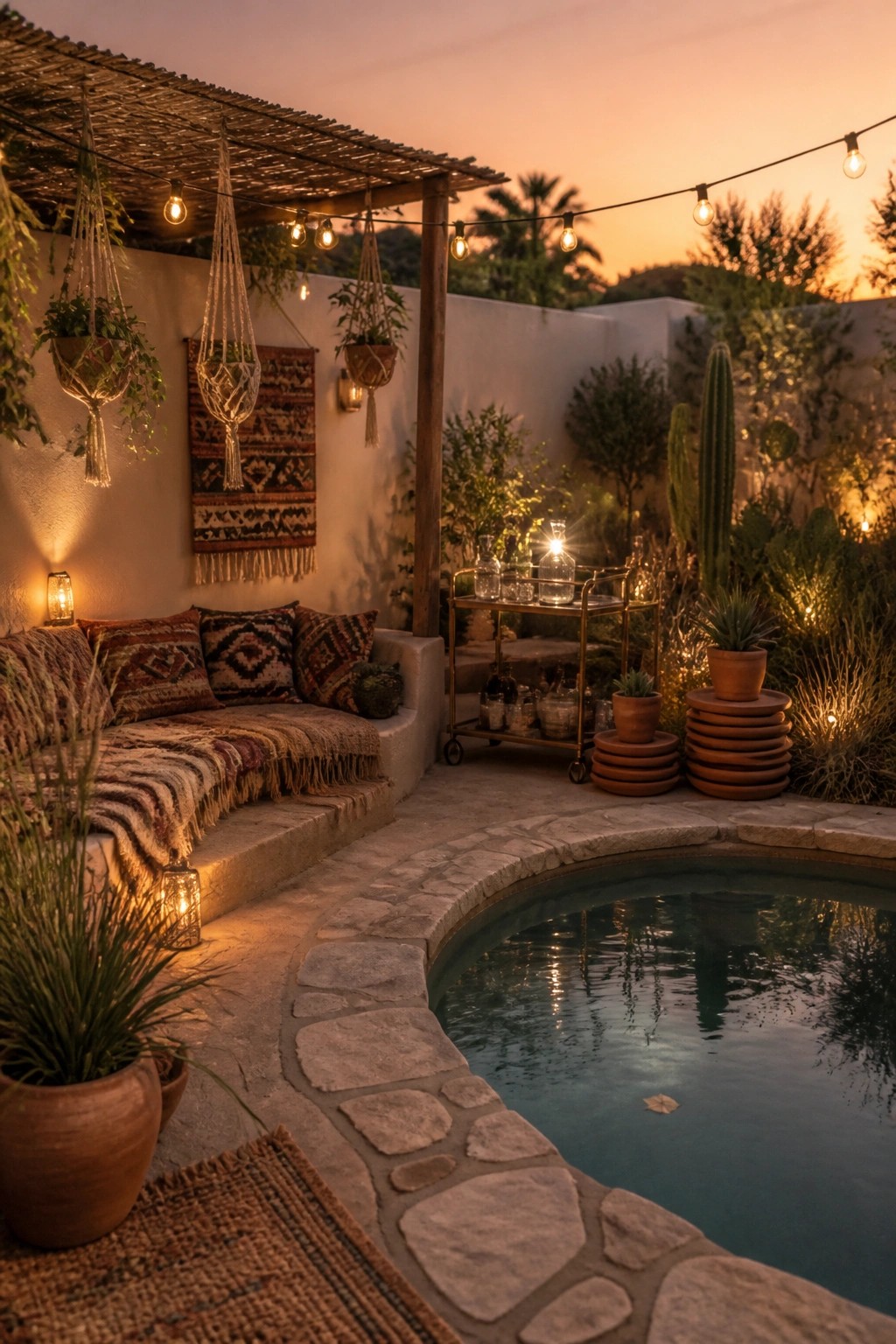 An outdoor pool area at dusk features a gold rolling bar cart with bottles and glasses beside a small pool, string lights overhead, built-in seating with patterned pillows, and potted plants along a stone patio.