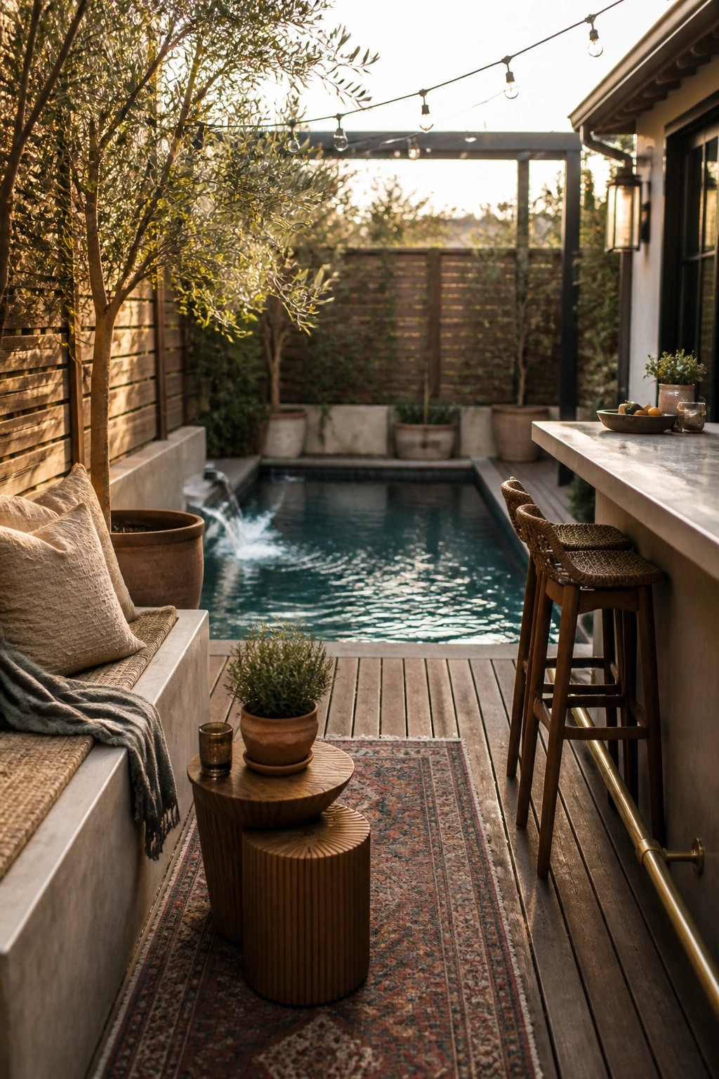 A compact backyard pool with wooden decking, a concrete bar counter holding two woven bar stools, potted plants, and a cushioned bench on the left side.