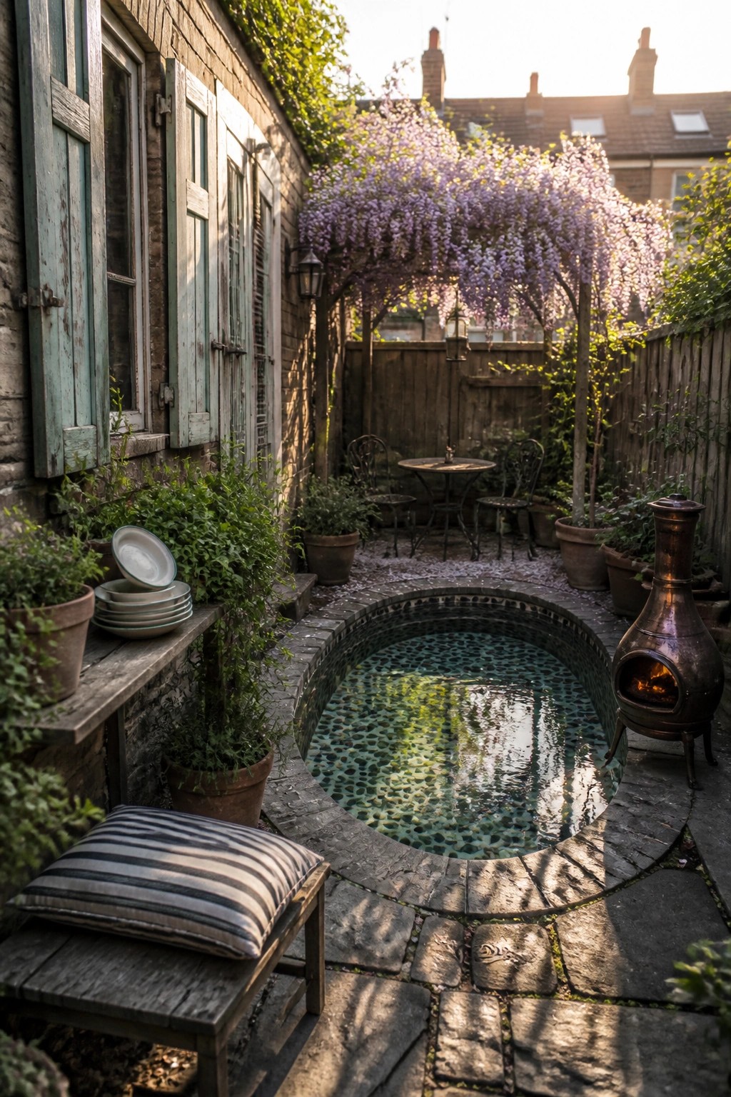 A small circular plunge pool with pebble lining sits on a stone patio beside a brick house, with a lit chiminea, potted plants, a striped cushion on a bench, and a wisteria-covered arch in the background.