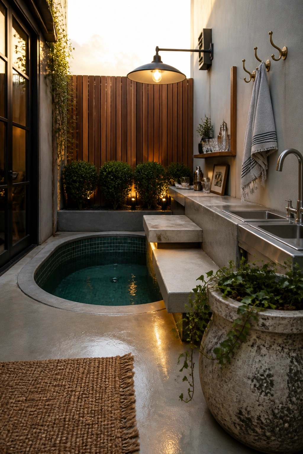 A small teal-tiled plunge pool with concrete steps sits in a narrow outdoor space next to a stainless steel sink and large potted plants.