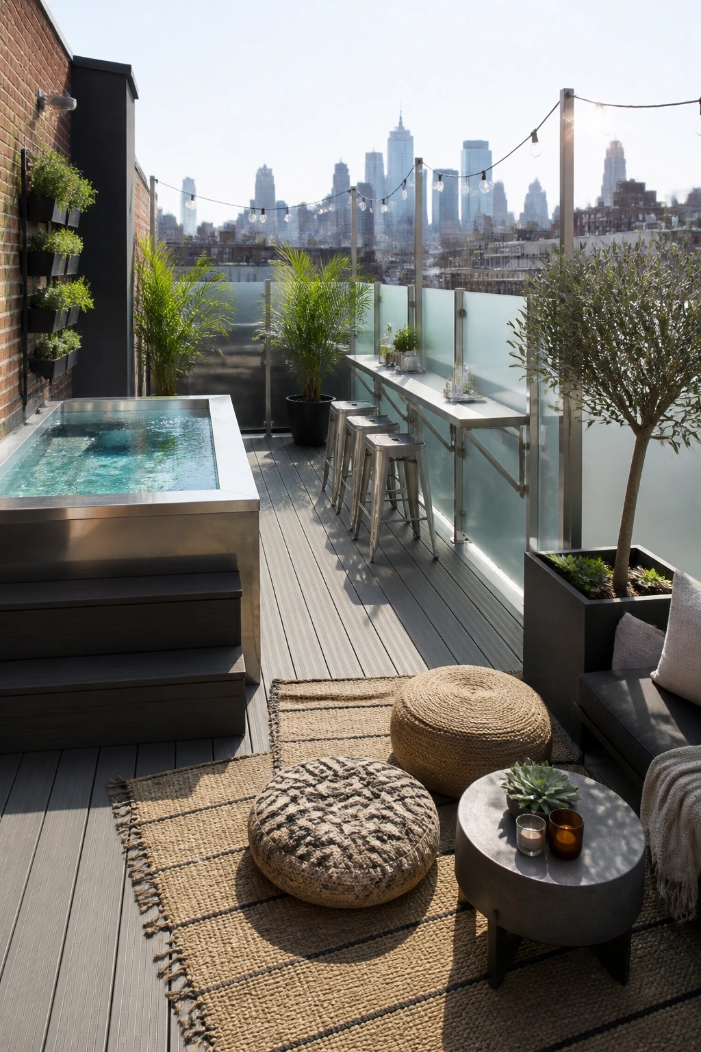 A rooftop terrace with a rectangular stainless steel plunge pool, dark wooden steps, bar stools, woven floor cushions, and potted plants overlooking a city skyline.