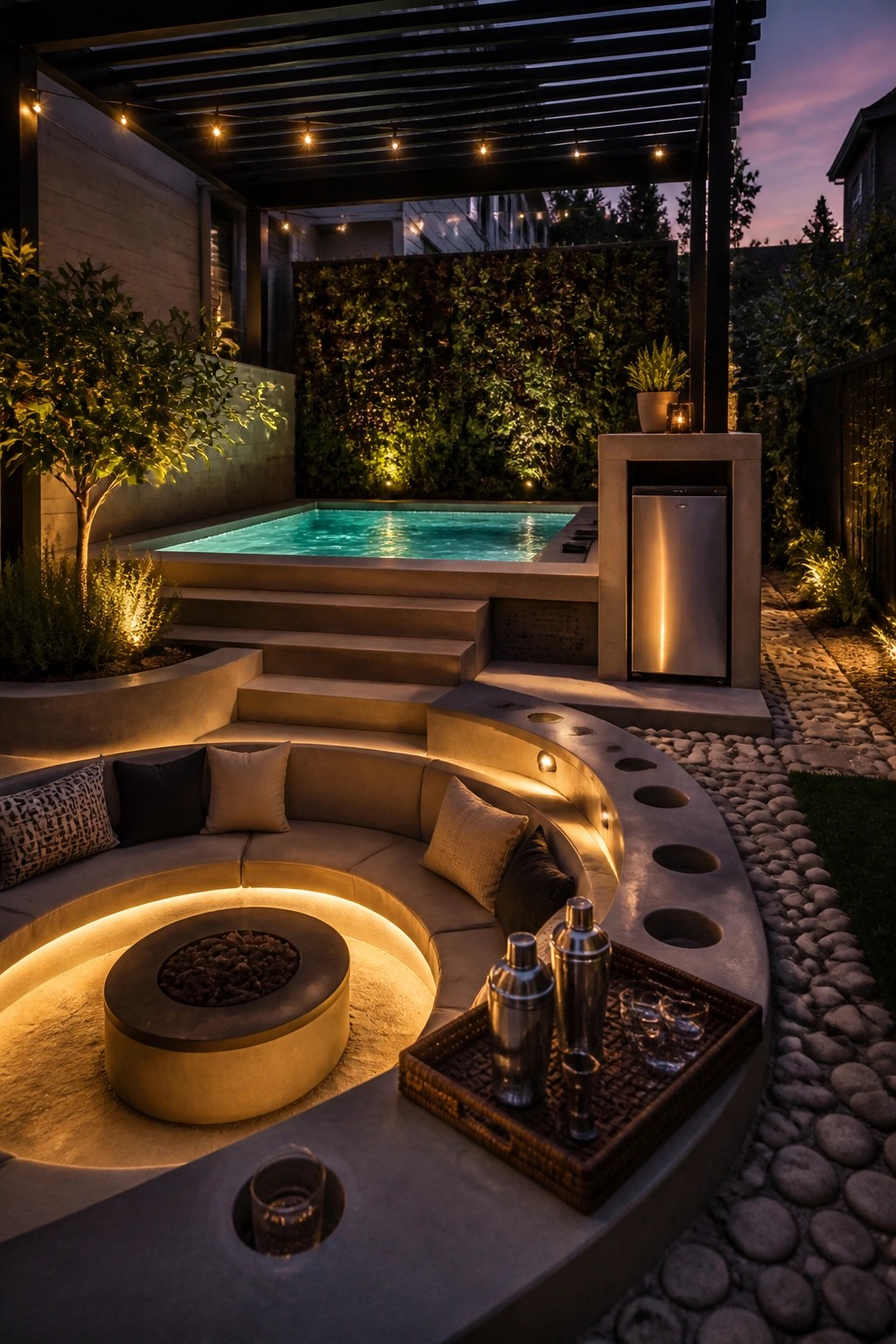 A compact backyard at dusk features a small rectangular pool with glowing turquoise water, surrounded by curved built-in concrete seating with cushions and a central fire pit, with cocktail shakers and glasses on a tray nearby.