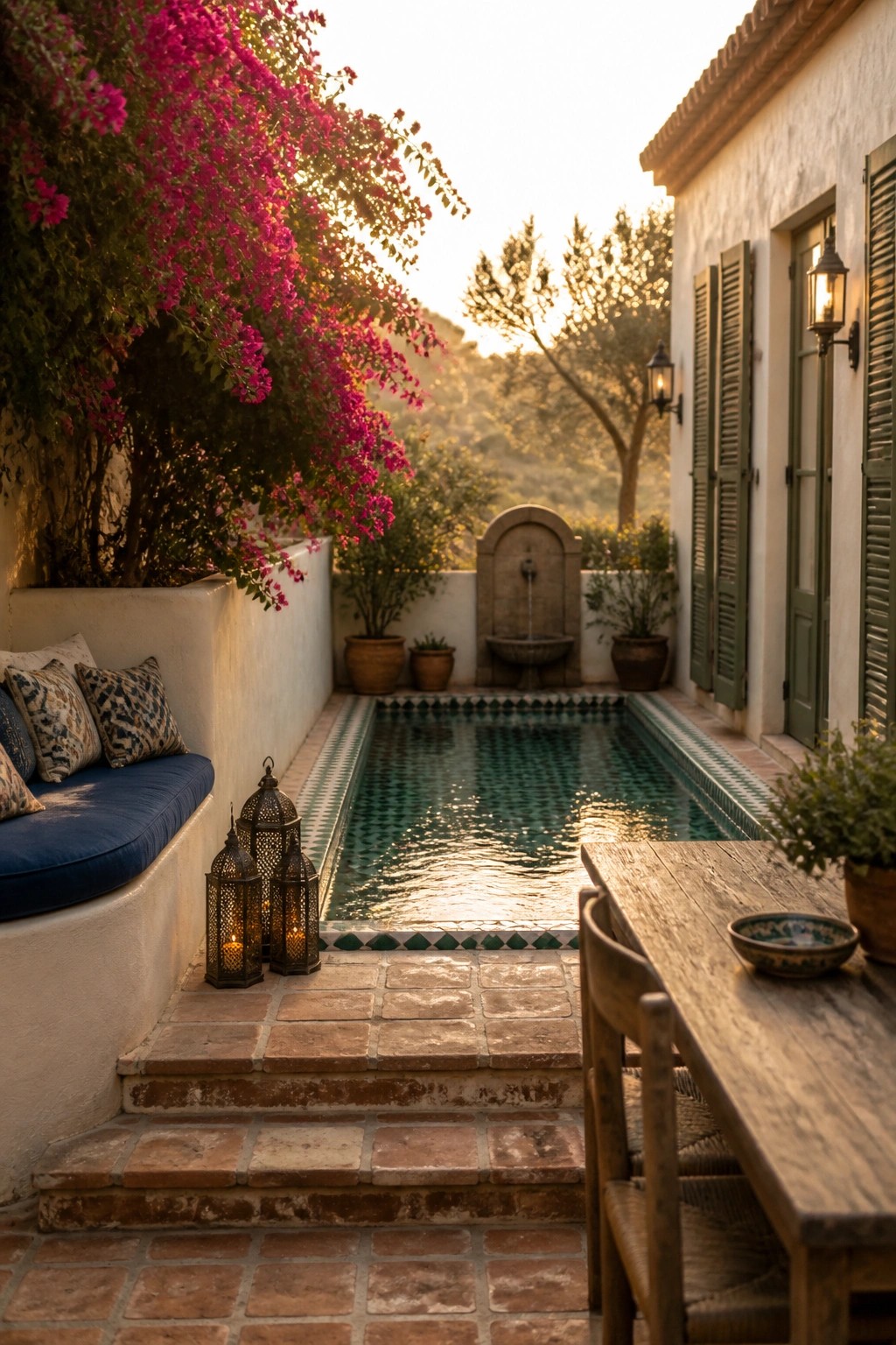 A narrow rectangular pool with green tile borders sits in a small courtyard between white stucco walls, featuring a blue-cushioned built-in bench on terracotta steps, a wooden table, and pink bougainvillea.