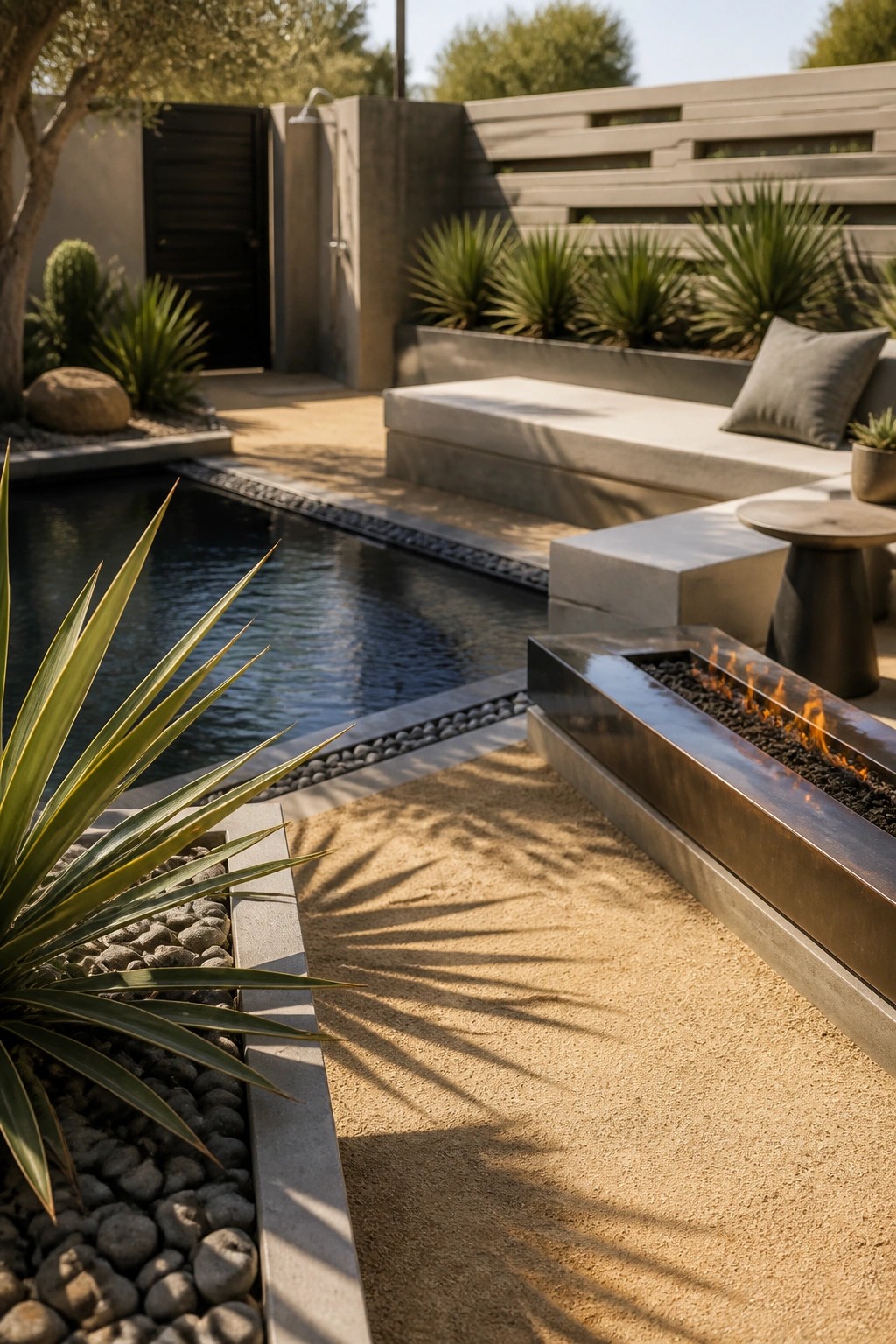 A narrow rectangular pool with concrete bench seating along one side, a linear fire pit in the foreground, and drought-tolerant plants in a modern backyard setting.