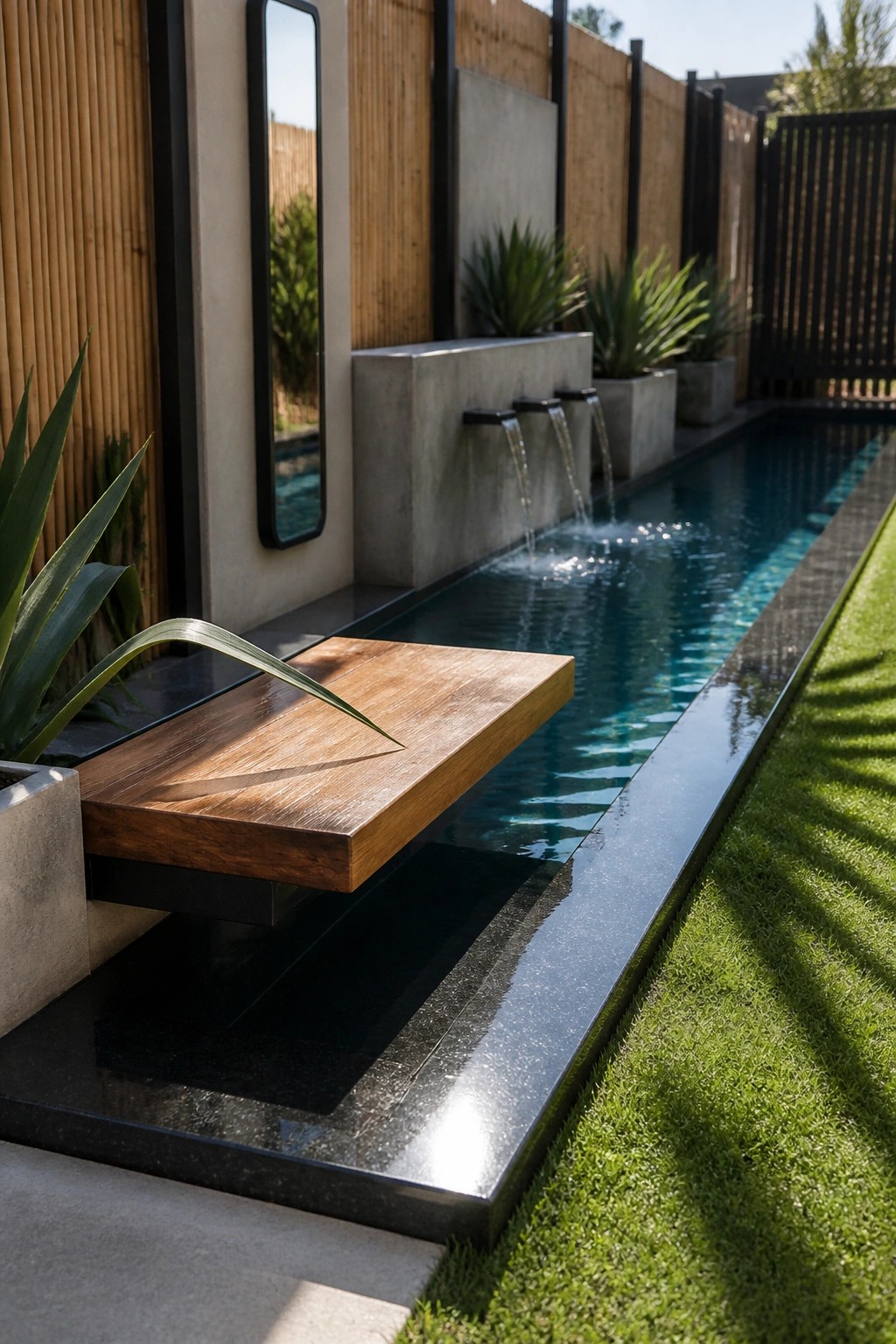 A narrow backyard pool with a wooden bench cantilevered over the water and three concrete spouts along the far edge.