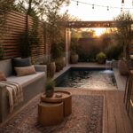 A compact backyard pool with wooden decking, a concrete bar counter holding two woven bar stools, potted plants, and a cushioned bench on the left side.