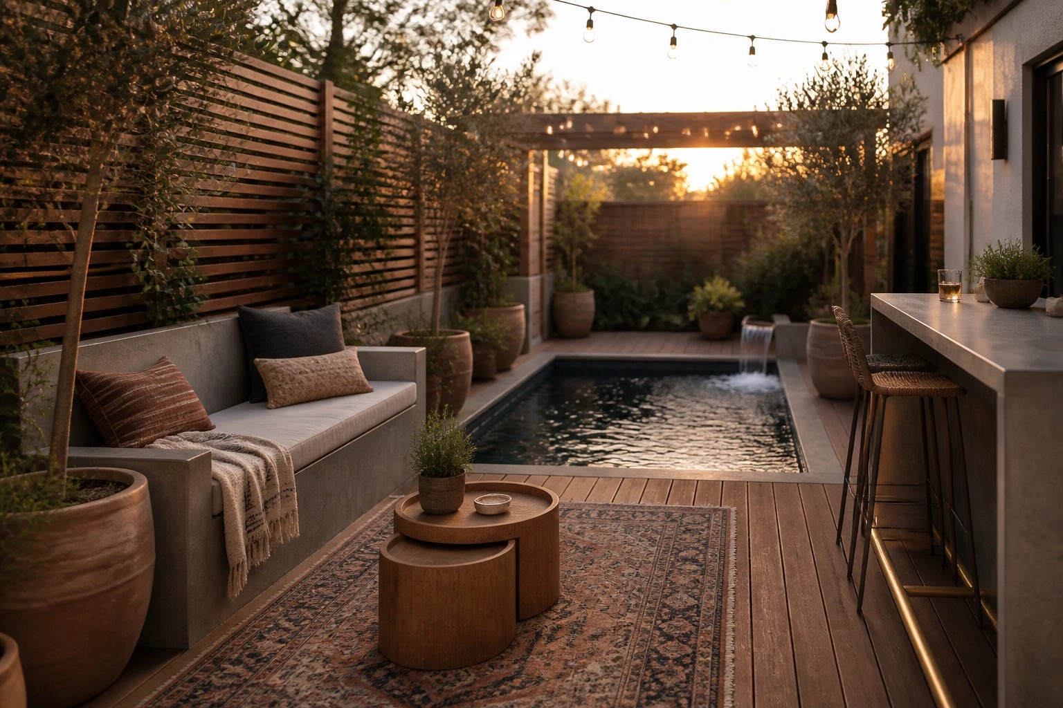 A compact backyard pool with wooden decking, a concrete bar counter holding two woven bar stools, potted plants, and a cushioned bench on the left side.