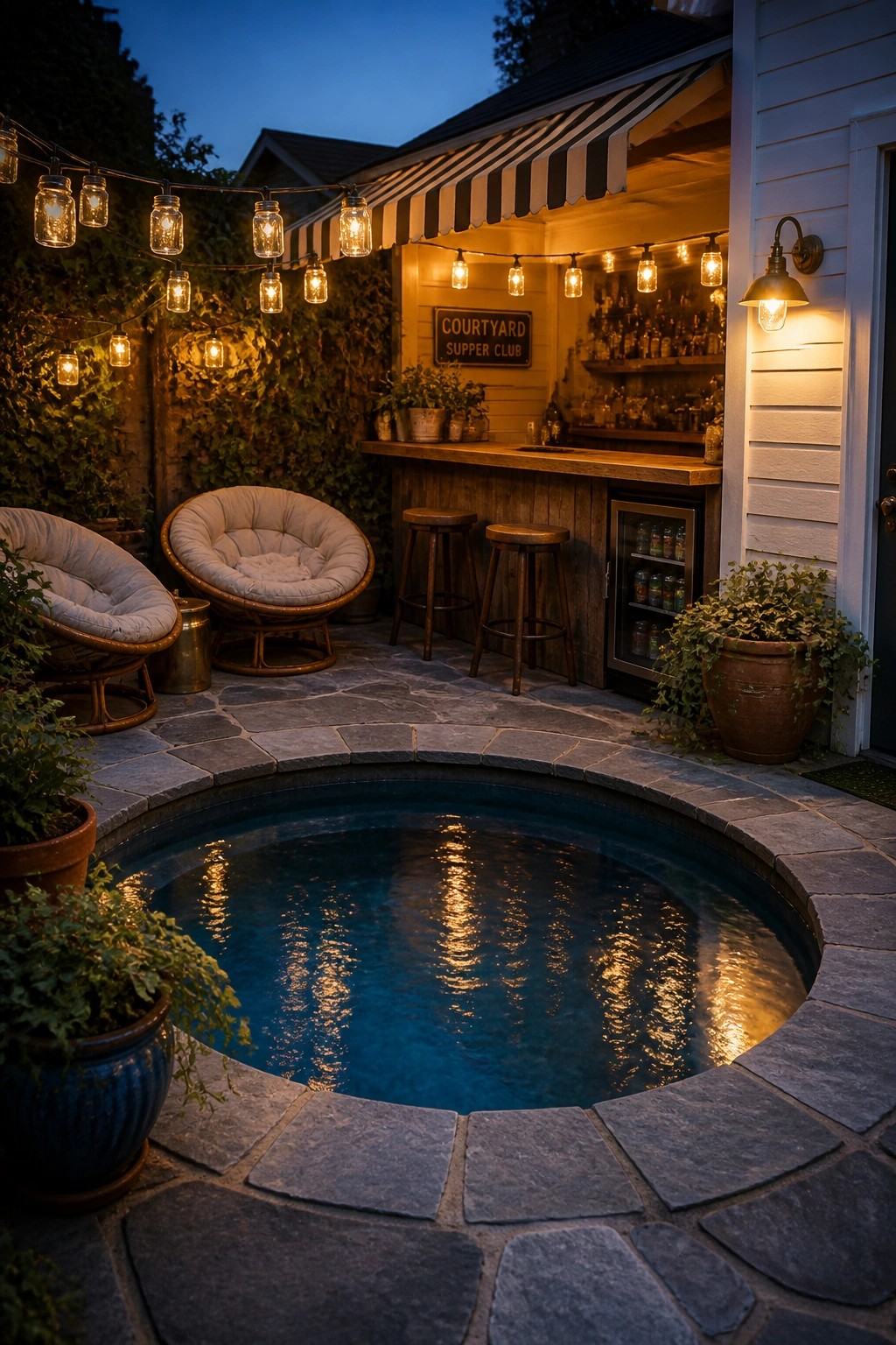 A circular plunge pool with stone edging sits next to a wooden outdoor bar with stools, string lights, and potted plants in a compact backyard at dusk.