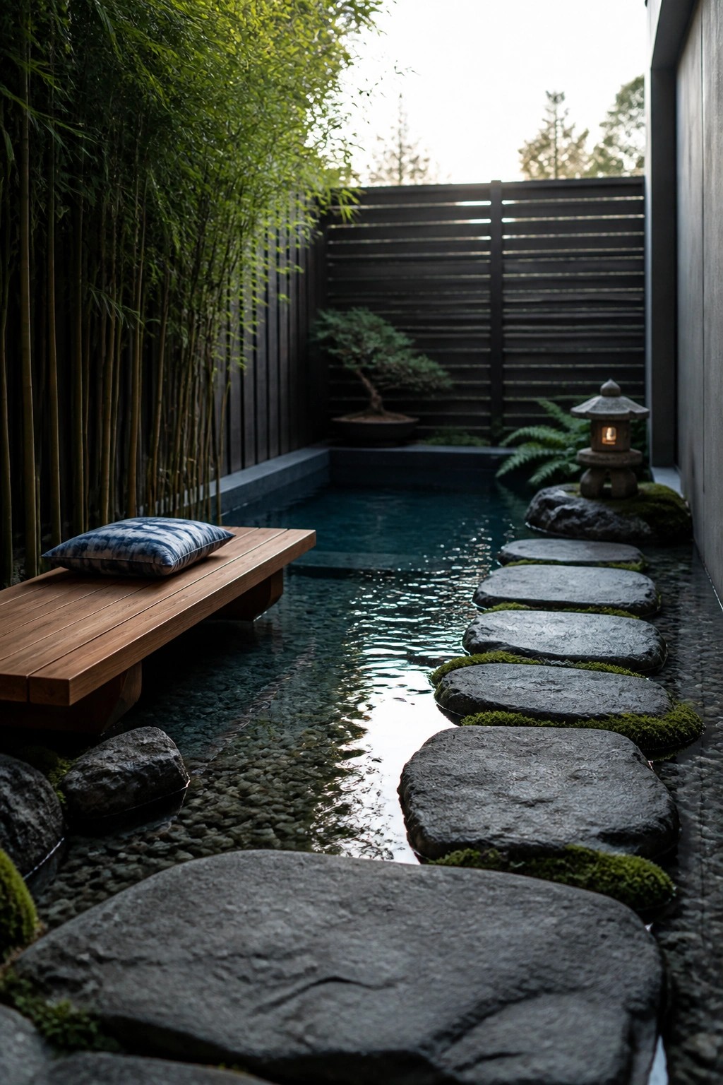 A narrow backyard pool with large mossy stepping stones running along one side, bamboo plants on the left, and a wooden bench with a cushion.