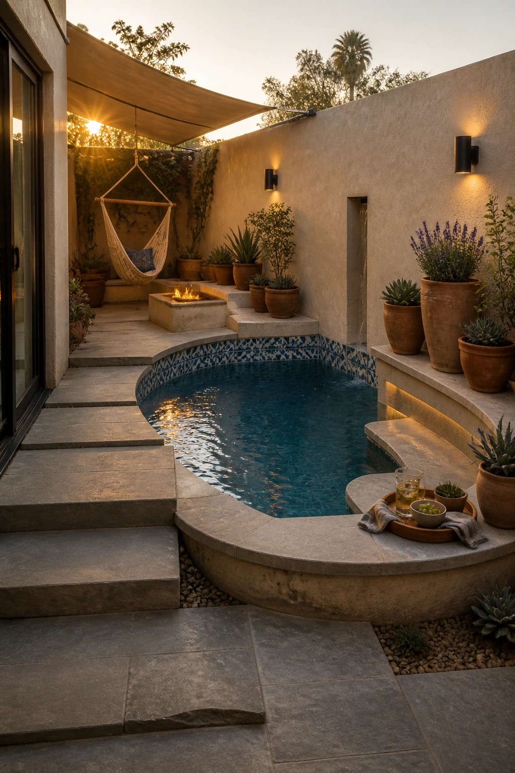 A small curved backyard pool with a wide stone ledge holding a tray of drinks, surrounded by potted plants, steps, and a fire pit area.