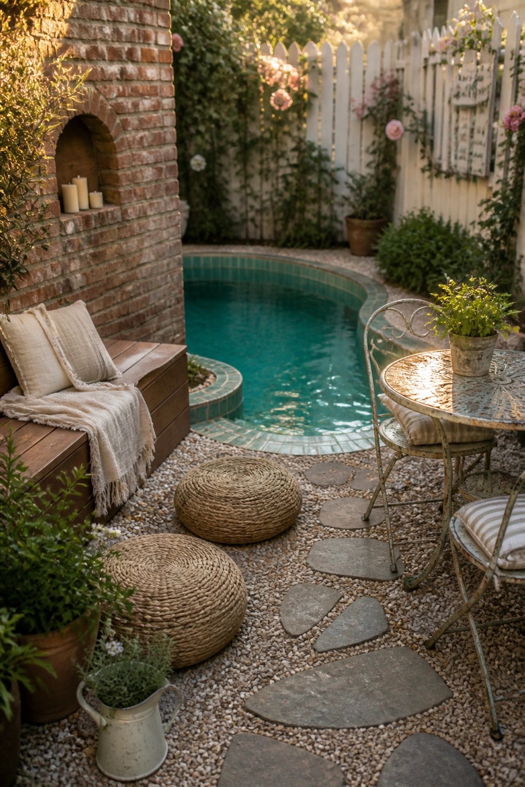 A small backyard pool with turquoise water is surrounded by gravel, stone pavers, two woven seating poufs, a wooden bench with cushions, and a metal bistro table with chairs.