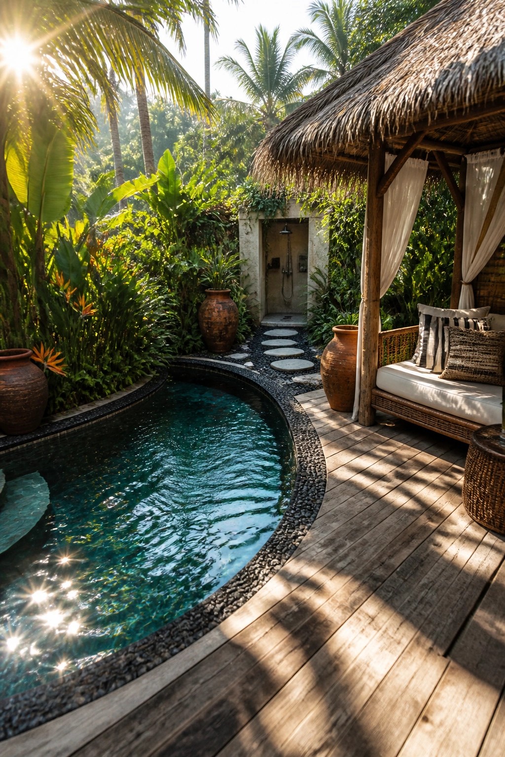 A swimming pool with a wooden deck, thatched cabana, and surrounding tropical plants and large pots.