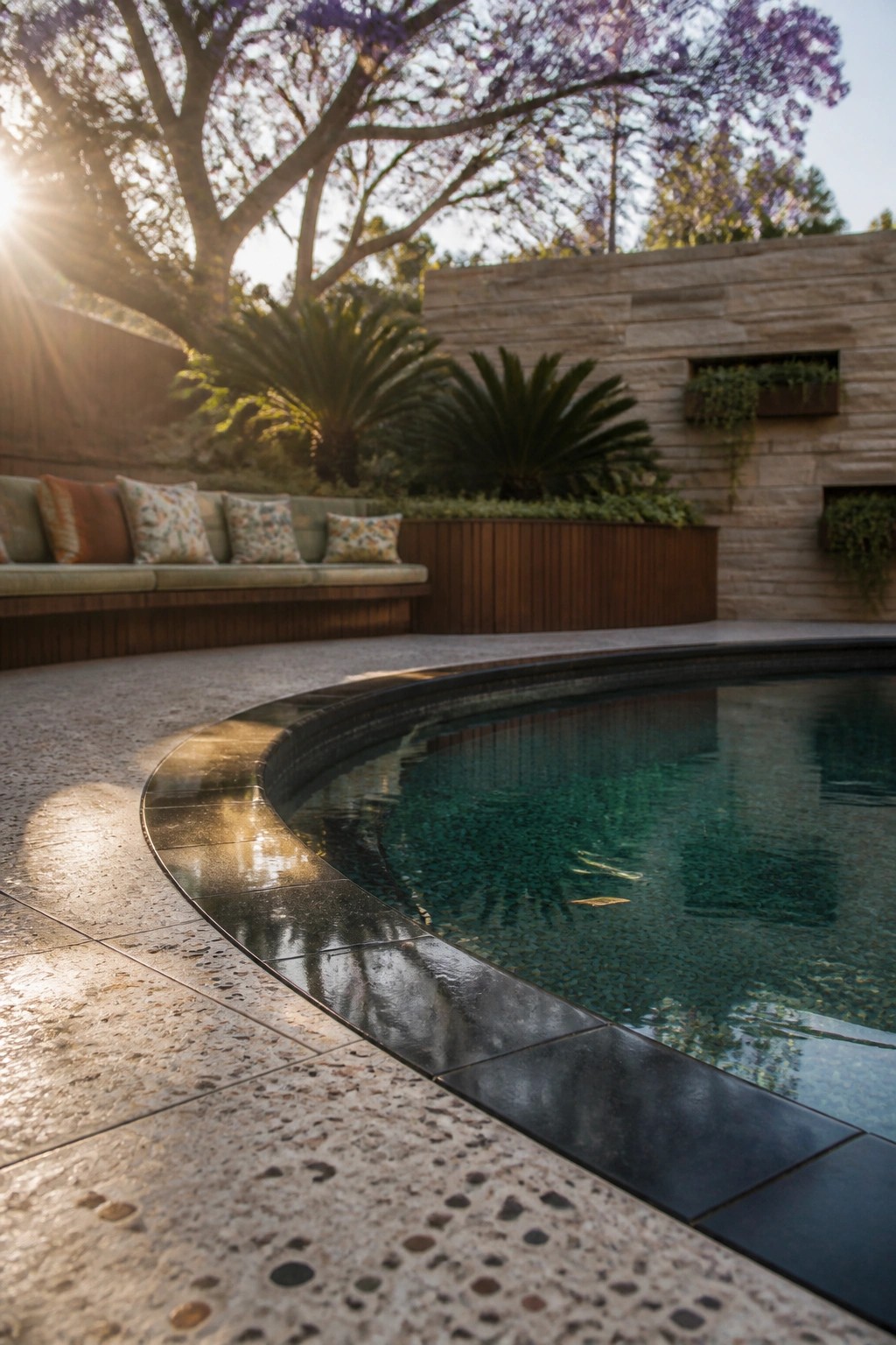 A curved pool with dark tile edging sits beside speckled stone paving, with built-in seating and large flowering trees behind a stone wall.