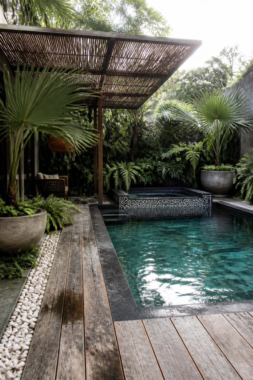 A rectangular pool with clear turquoise water next to a wooden deck, a slatted wooden roof structure overhead, and dense tropical plants including large palm fronds.