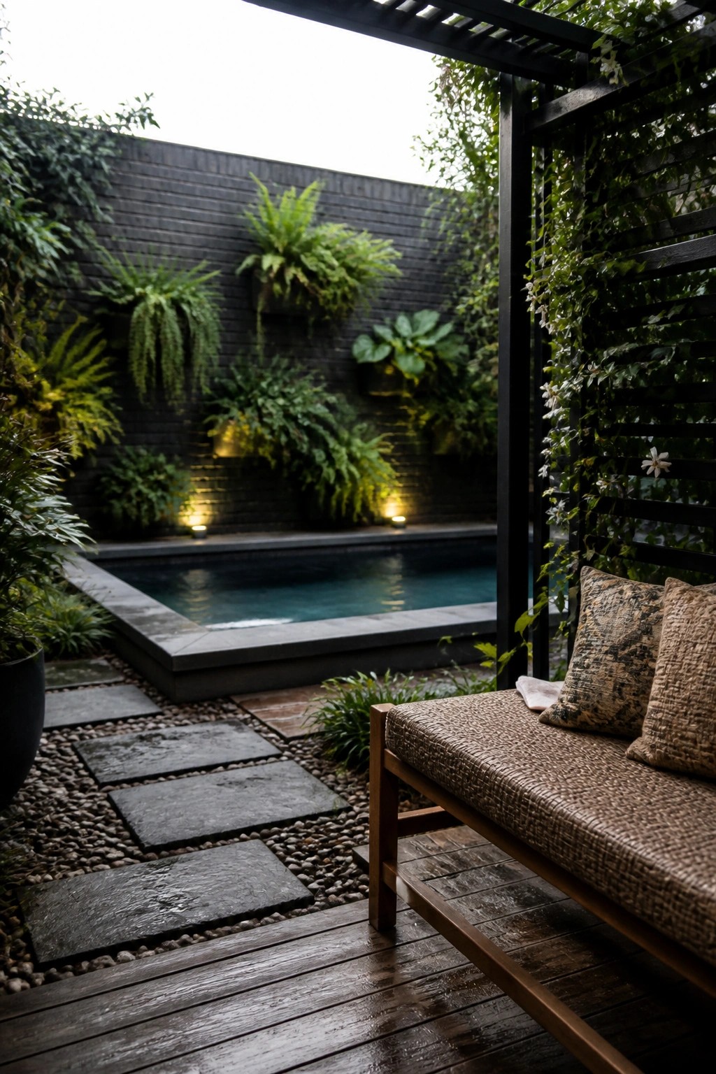 An outdoor pool edged by a dark wooden wall covered in hanging and mounted green plants, with a stone path on gravel and a cushioned bench on the wooden deck.