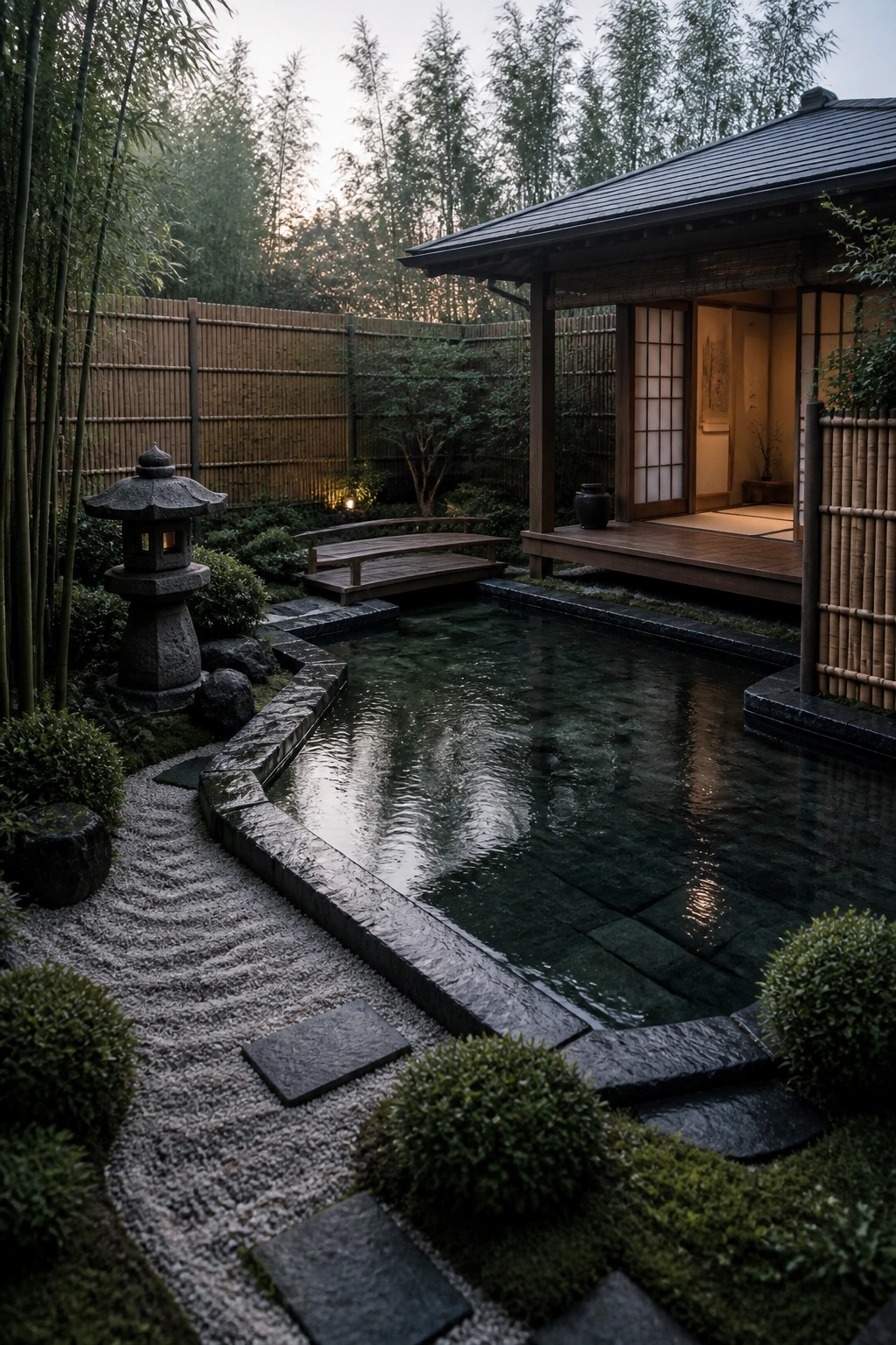 A Japanese garden with a rectangular pool, bamboo fencing, a stone lantern on gravel, a small wooden bridge, and a traditional wooden structure with shoji screens.