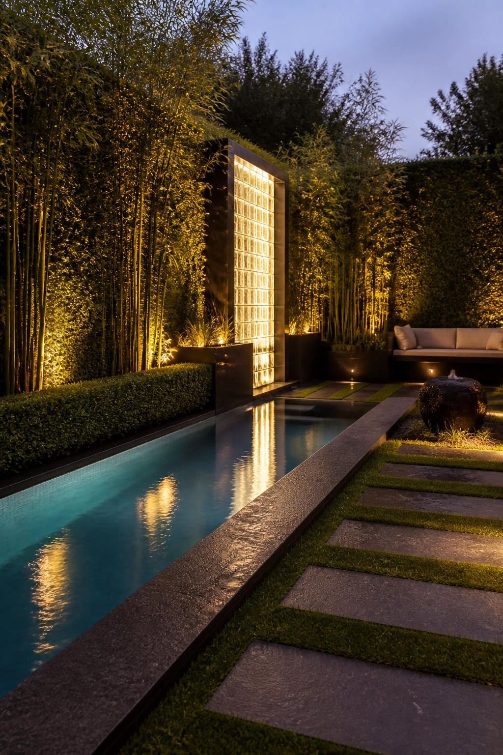 A rectangular pool at dusk bordered by tall bamboo and hedges, with a glowing glass block feature and stone pavers running along one side.