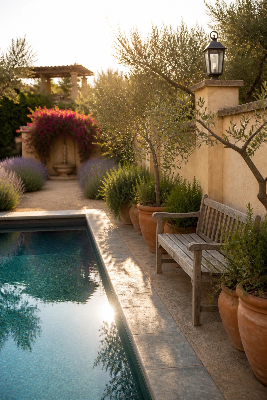 A narrow pool with a stone edge lined by large terracotta pots holding trees and shrubs, a wooden bench, and a stucco wall with a lantern.