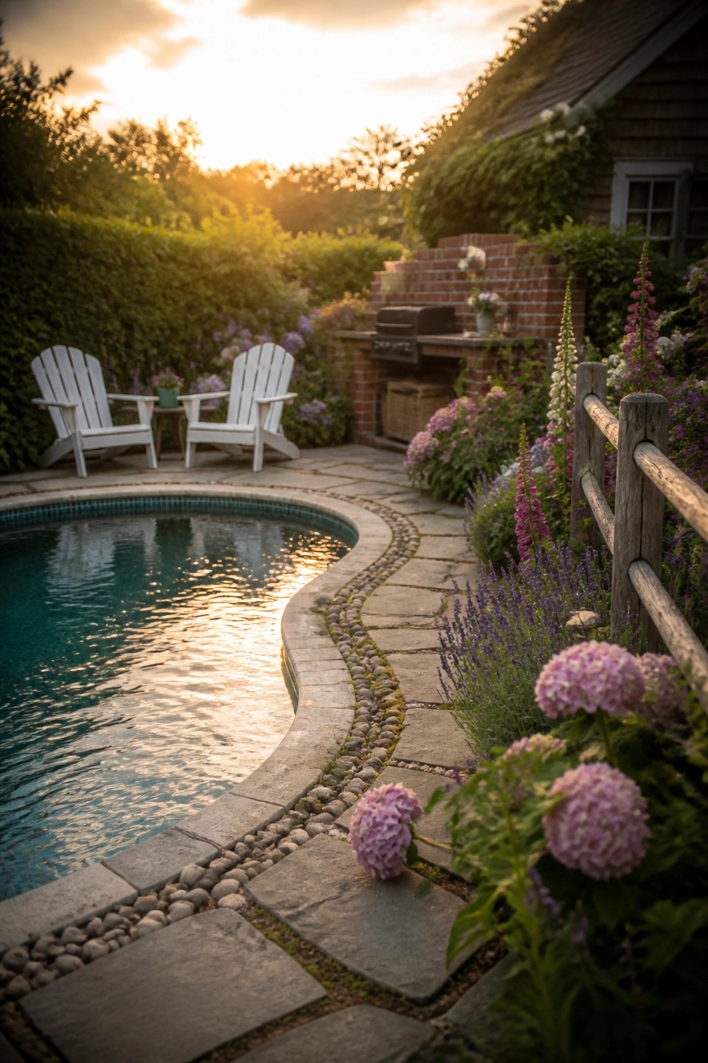 A kidney-shaped pool with curved stone pavers and pebble edging, white Adirondack chairs on the patio, and flowering plants along the path at sunset.