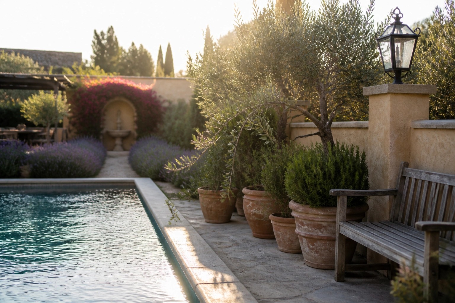 A narrow pool with a stone edge lined by large terracotta pots holding trees and shrubs, a wooden bench, and a stucco wall with a lantern.