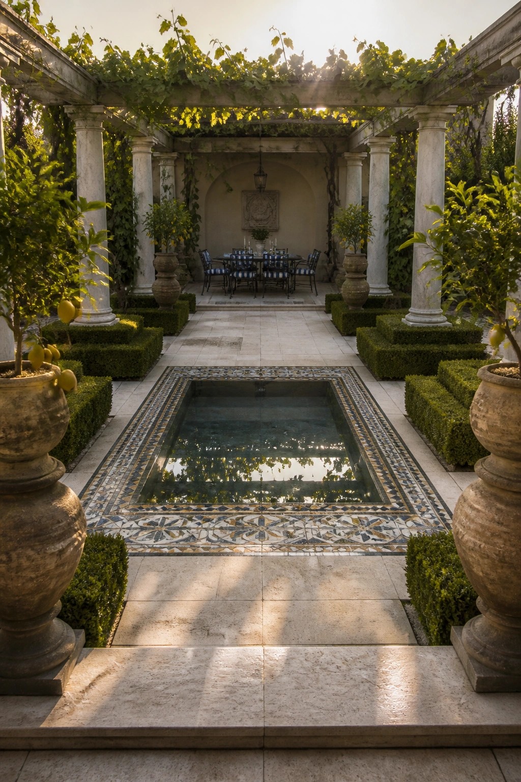 A rectangular pool with patterned tile border is centered in a stone courtyard, flanked by large potted citrus trees and boxwood hedges beneath a vine-covered pergola with stone columns.