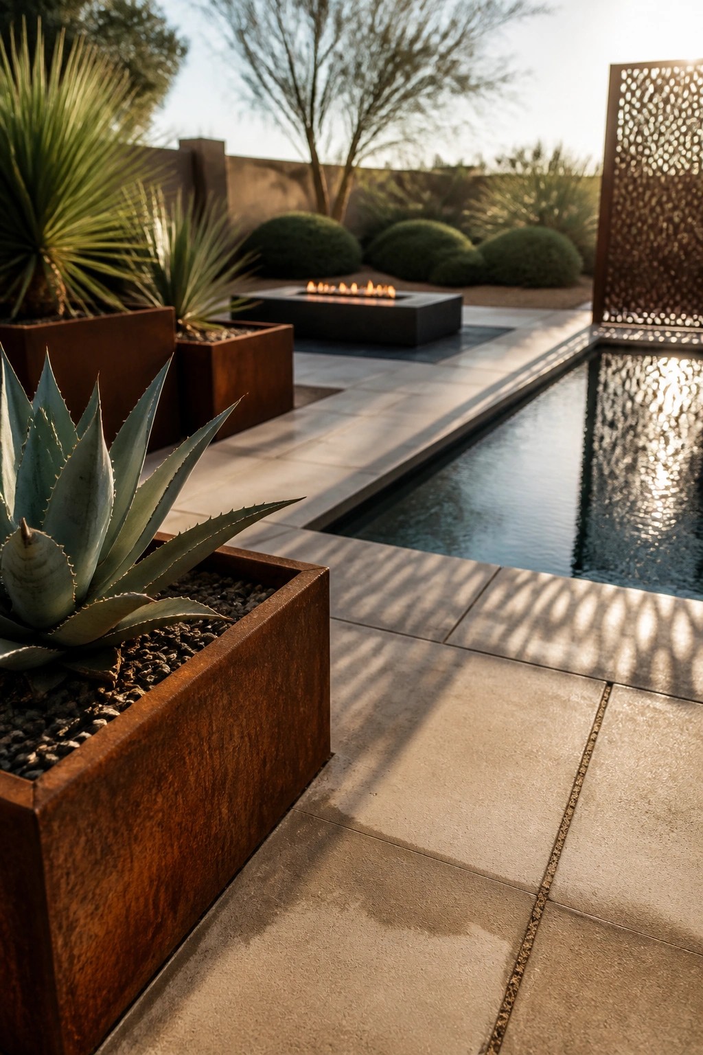 A rectangular pool with concrete pavers, large rusted metal planters holding agave plants and gravel, a fire pit in the background, and a perforated metal screen on the right.