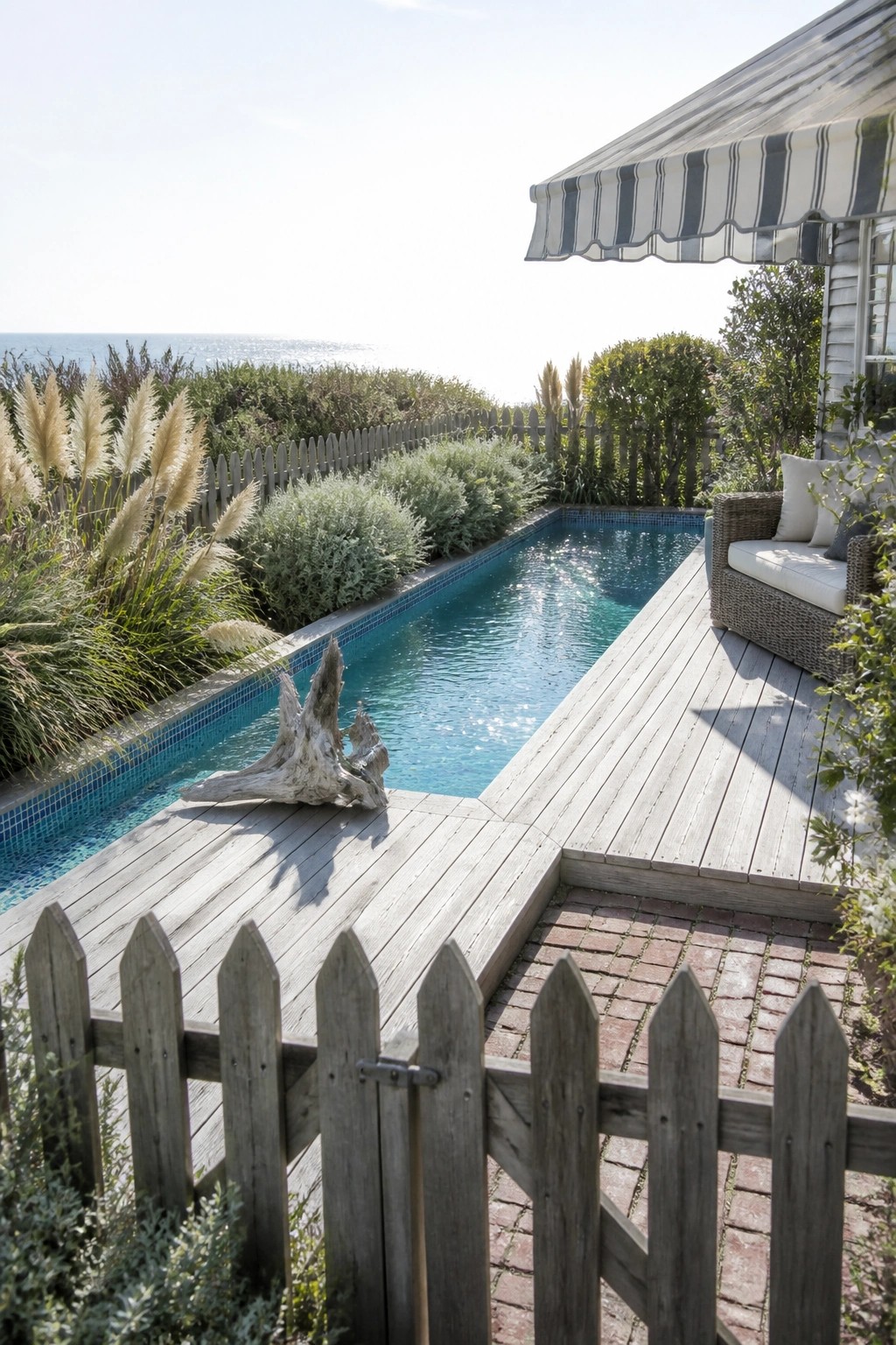 A narrow rectangular pool bordered by wooden decking, tall pampas grasses, and low shrubs, with a striped awning and outdoor seating on one side and a wooden fence in the foreground.