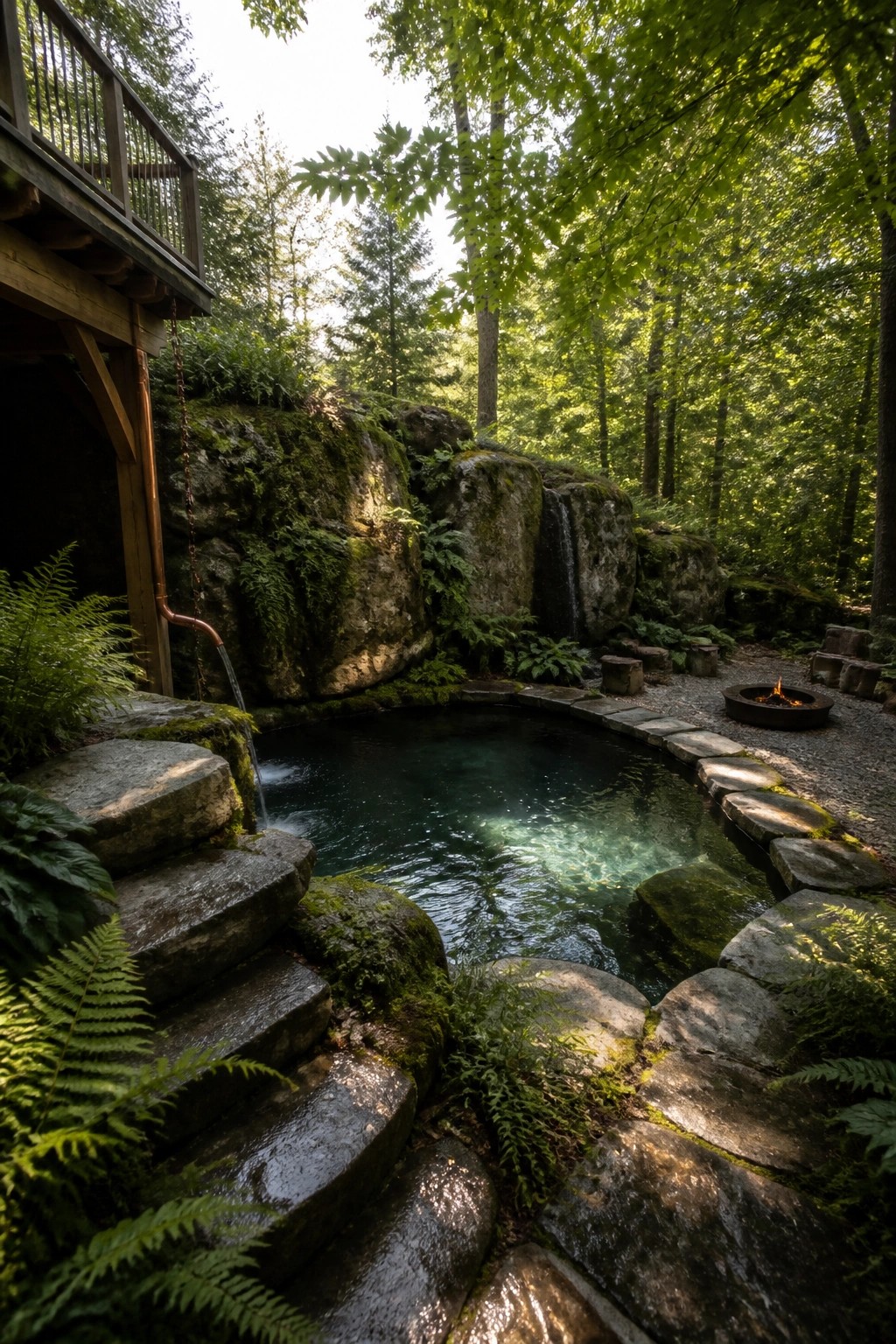 Mossy rocks frame a forest pool with waterfall, stone steps, and fire pit