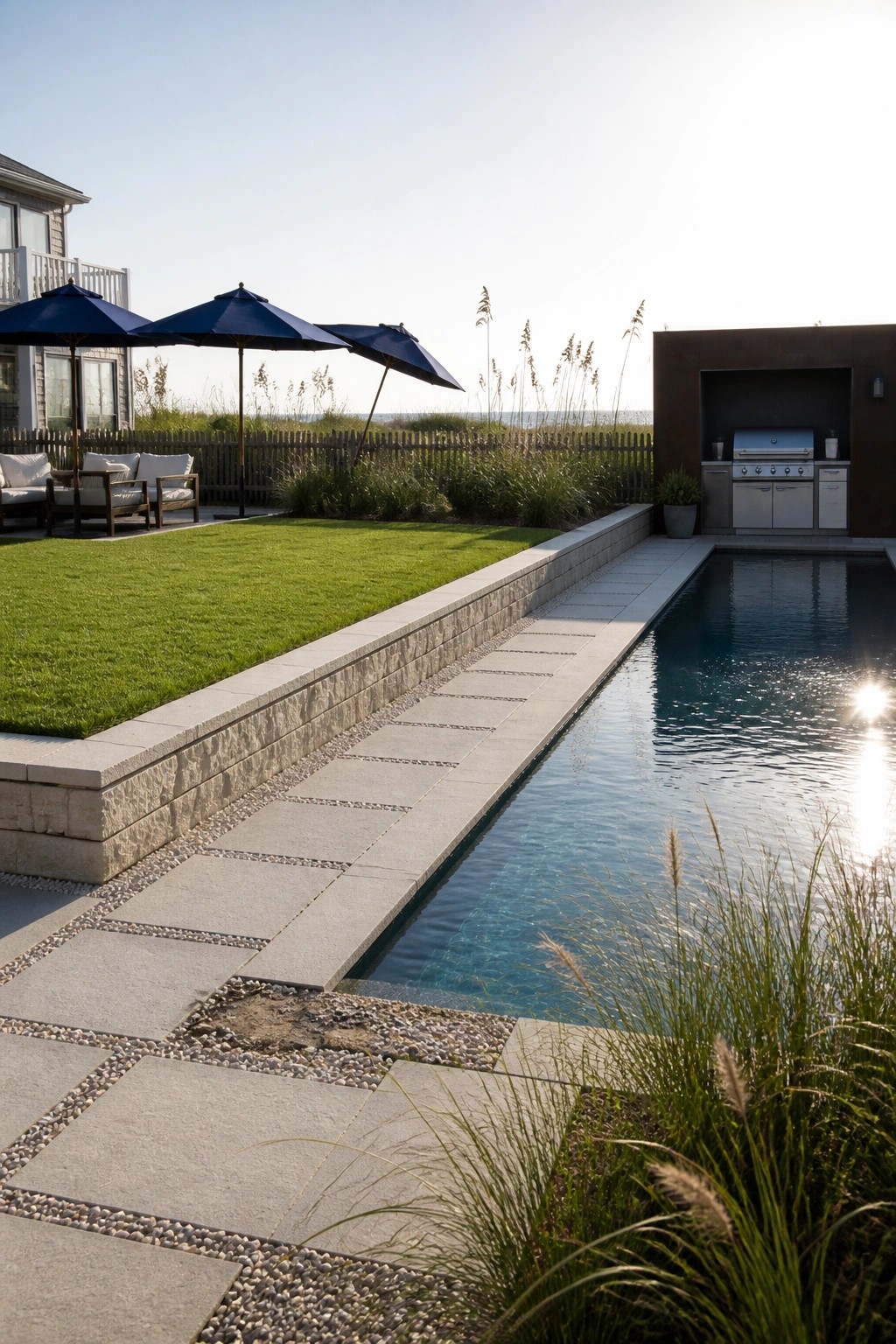 A long rectangular pool with stone edging, pebble borders, and tall grasses along one side, next to a lawn and outdoor kitchen.