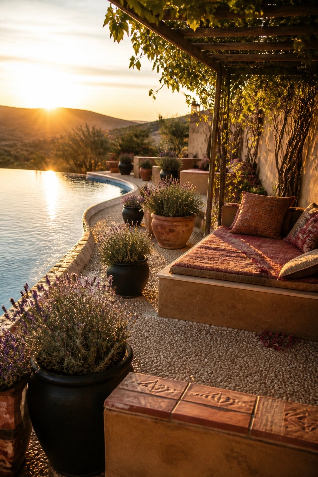 A poolside concrete daybed under a wooden pergola draped with green vines, surrounded by terracotta and black pots of lavender on gravel at sunset.