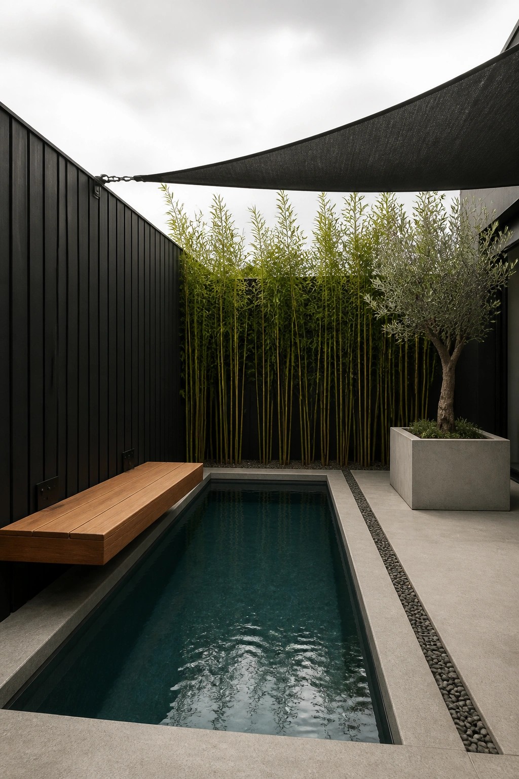 Modern courtyard plunge pool with wooden bench, bamboo, and concrete planter under shade sail.