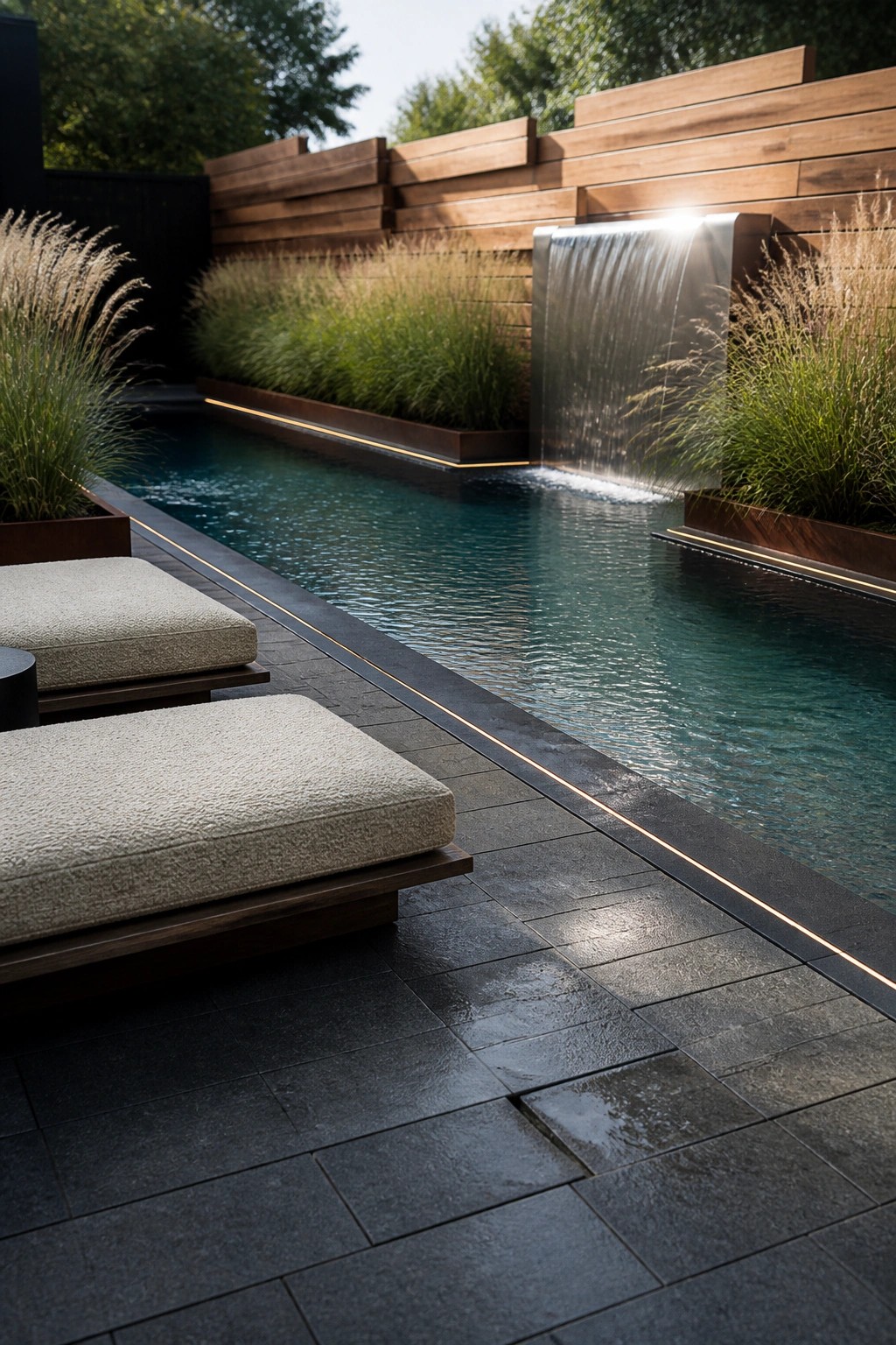 A long narrow pool with a stainless steel waterfall on one side, tall ornamental grasses in raised planters on both ends, and two lounge chairs on dark stone paving.