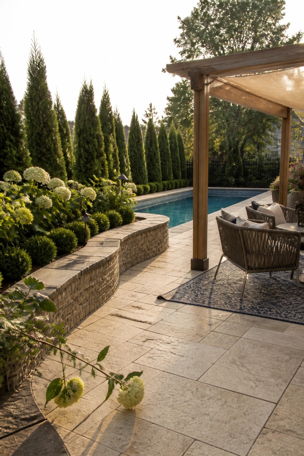 A backyard pool surrounded by tall evergreen trees, a curved stone retaining wall with white flowers, and a stone patio with wicker seating under a wooden pergola.