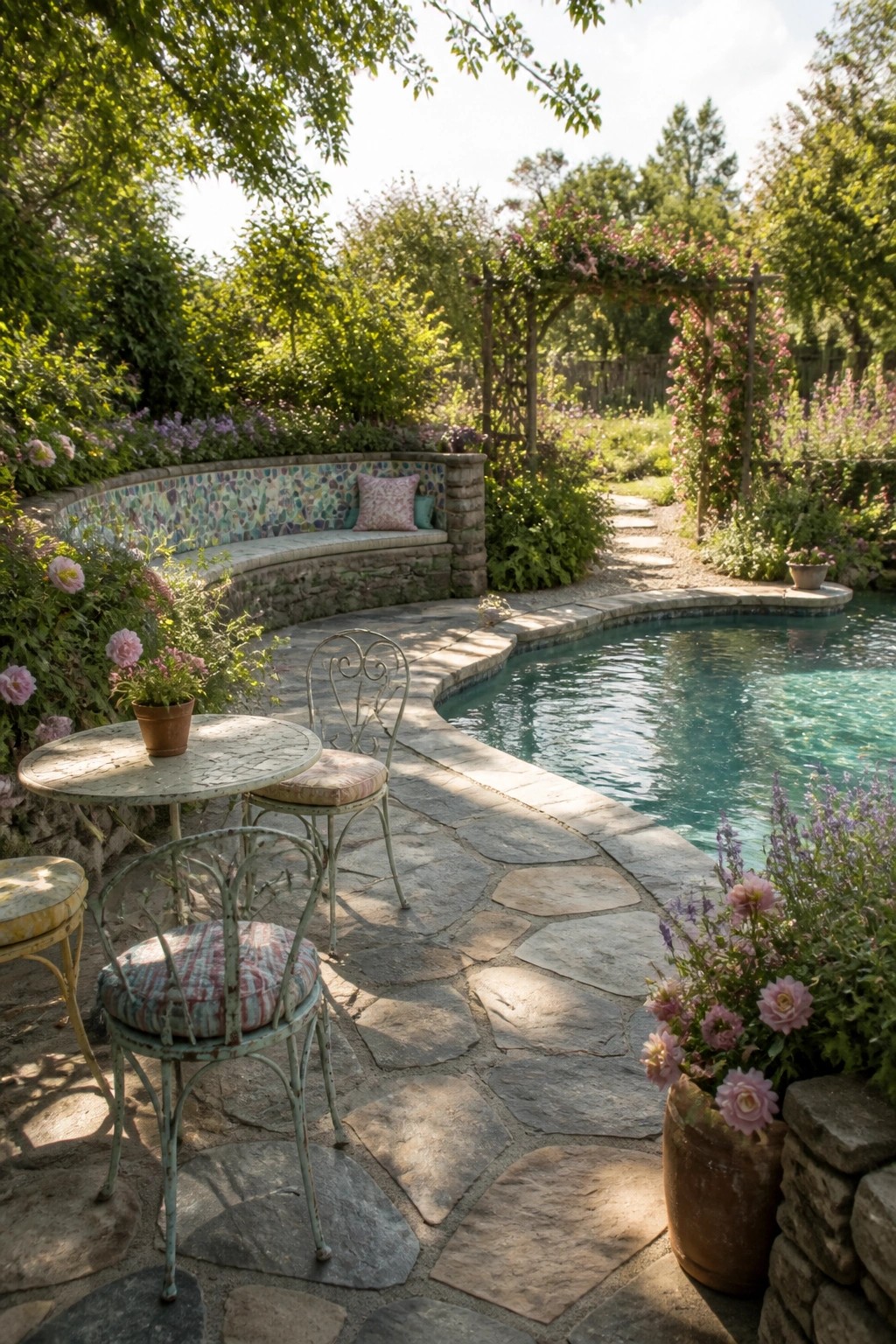 A curved mosaic-tiled bench built into a stone wall beside a swimming pool on a flagstone patio with garden furniture and flowers nearby.