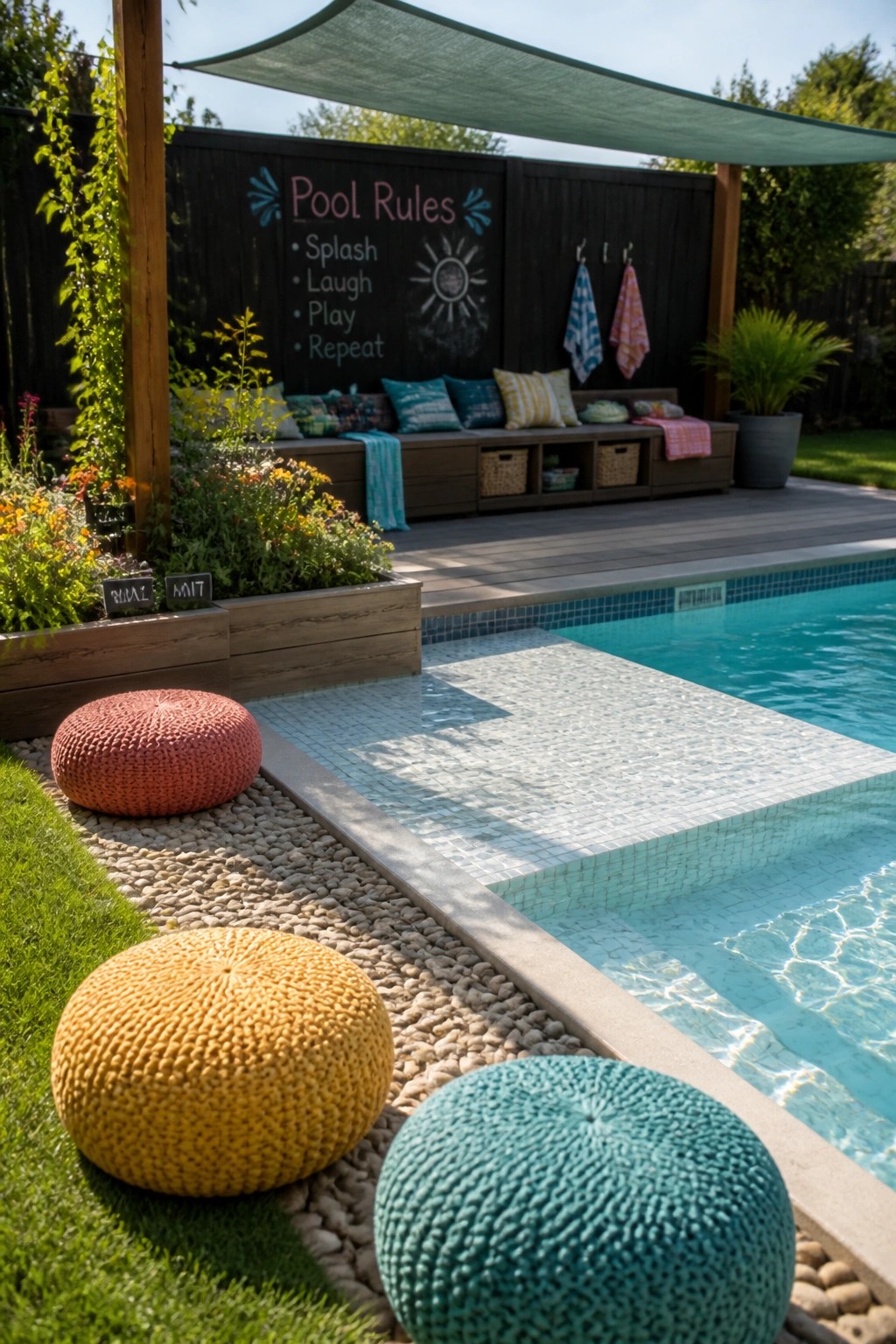 A backyard pool patio with a dark wooden fence displaying a chalkboard with pool rules text, built-in bench seating with cushions, woven baskets below, colorful knitted poufs on gravel, and a swimming pool edge visible.