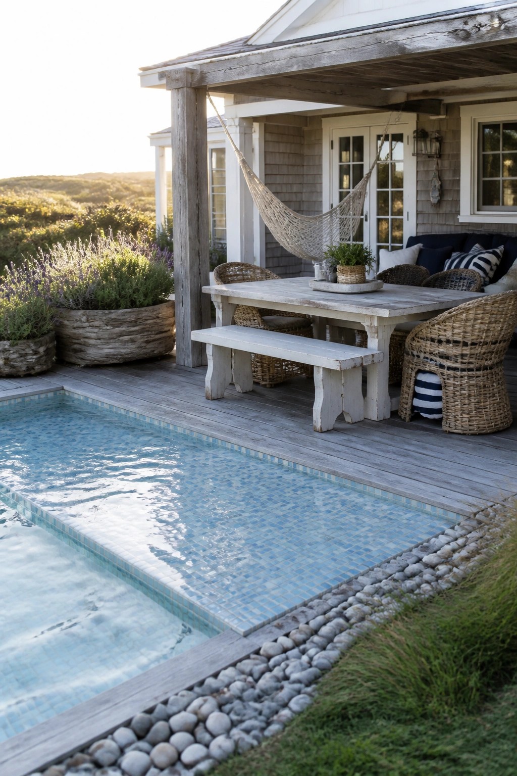 A wooden deck with a whitewashed dining table and bench beside a swimming pool, with wicker chairs and a hammock nearby.