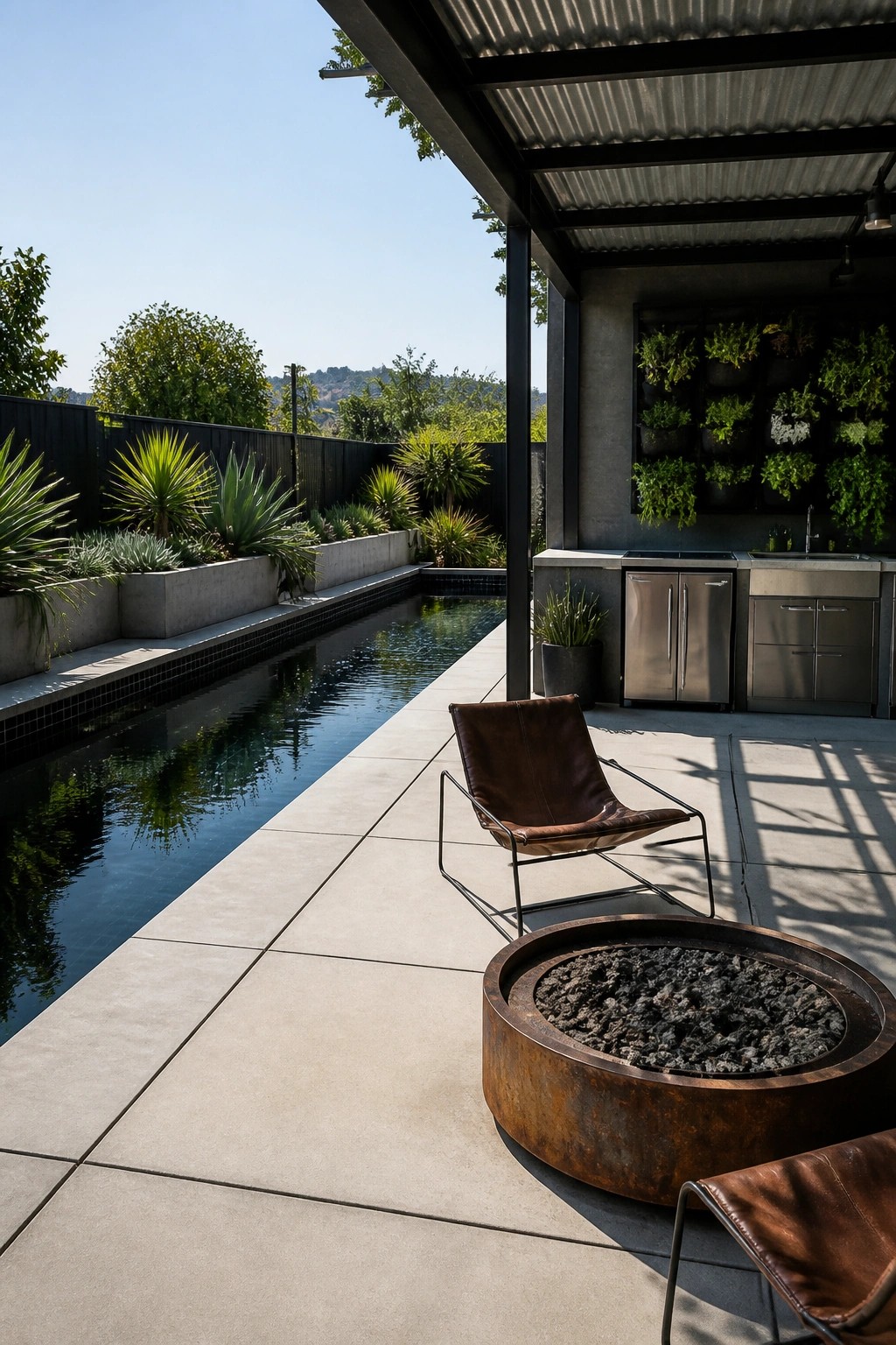 A concrete patio beside a narrow pool features a large round metal fire pit, two brown leather sling chairs, and an outdoor kitchen with stainless steel cabinets and a vertical garden wall.