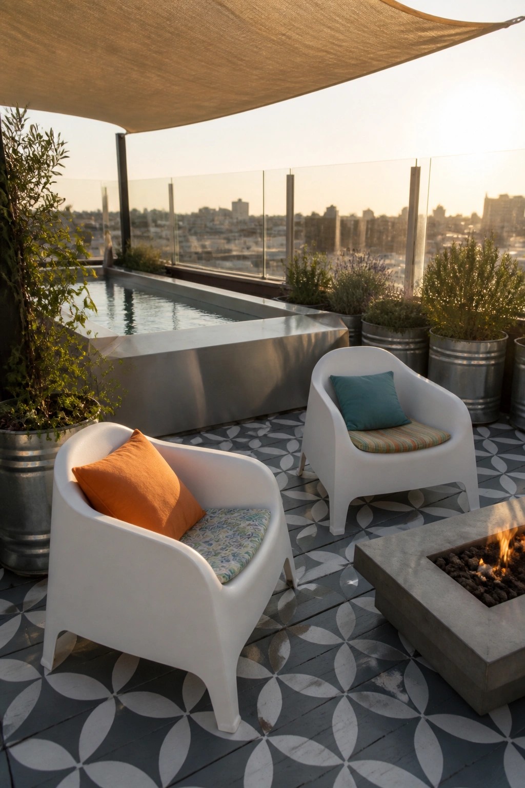A rooftop pool patio featuring a lit concrete fire pit, two white armchairs with cushions, potted plants, and a swimming pool overlooking a city skyline.