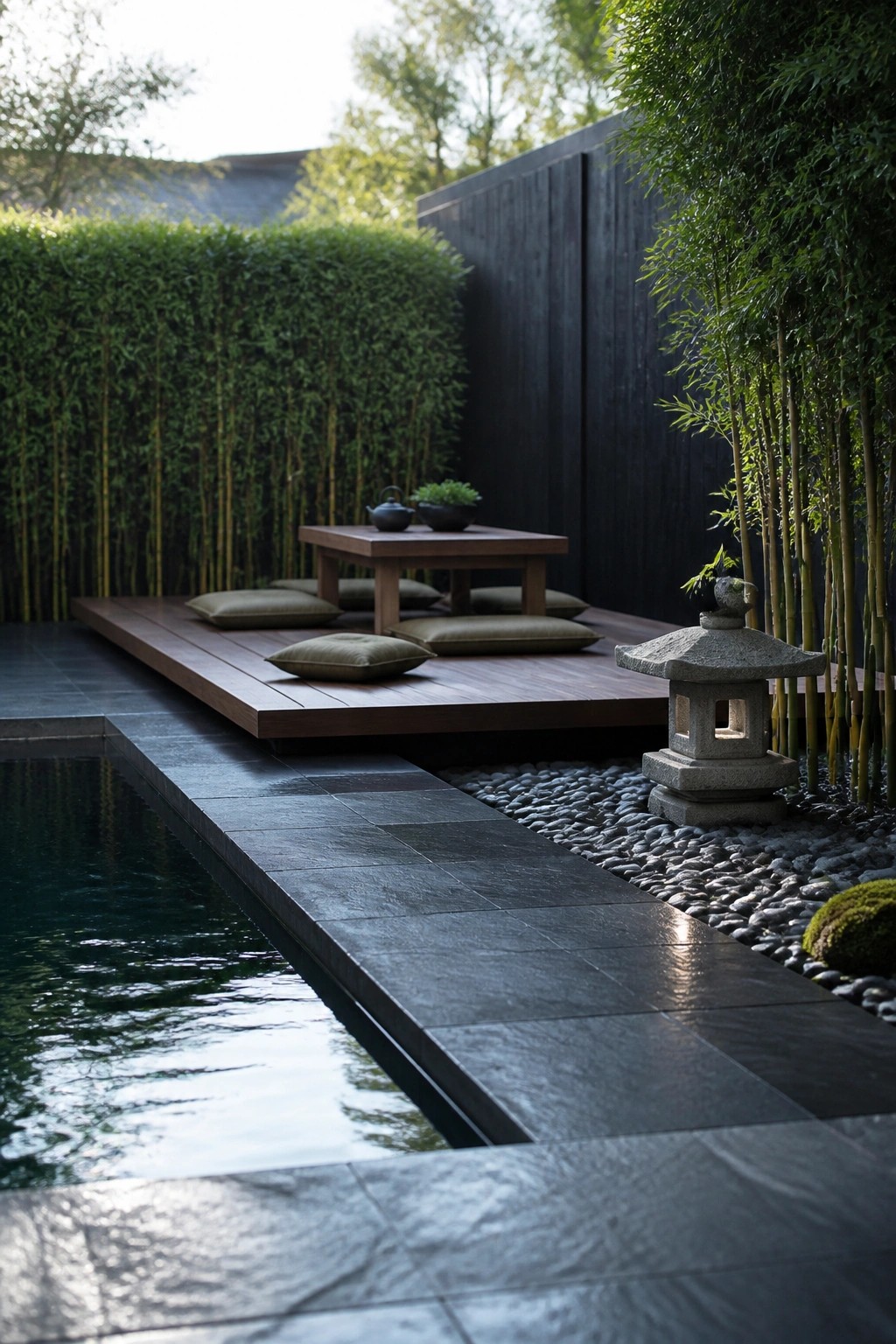 A dark wooden platform deck sits beside a rectangular pool, holding cushions and a low table, with bamboo plants, a stone lantern, and a dark wall in the background.