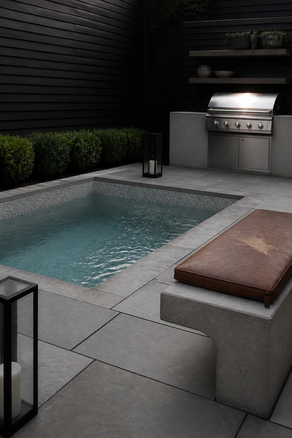 A rectangular pool with blue water bordered by gray concrete tiles, a built-in bench with a brown cushion, an outdoor stainless grill, and two black lanterns on the patio.