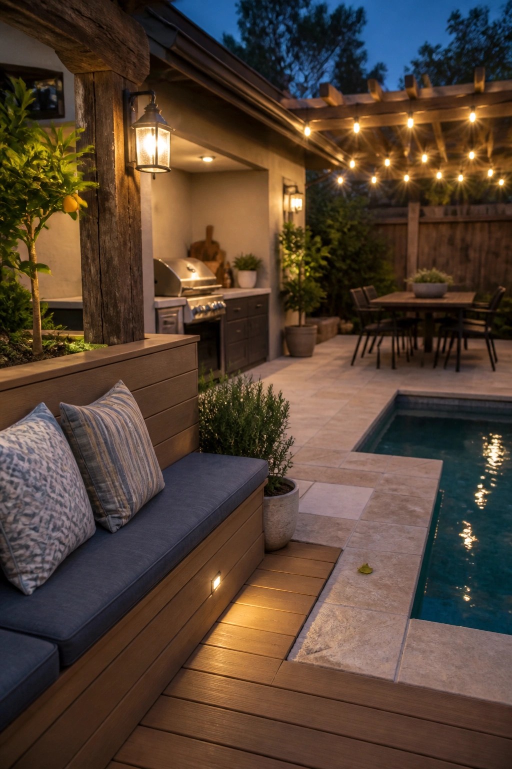 A backyard pool patio at dusk featuring a wooden built-in bench with cushions, string lights on a pergola, an outdoor kitchen, and a swimming pool.
