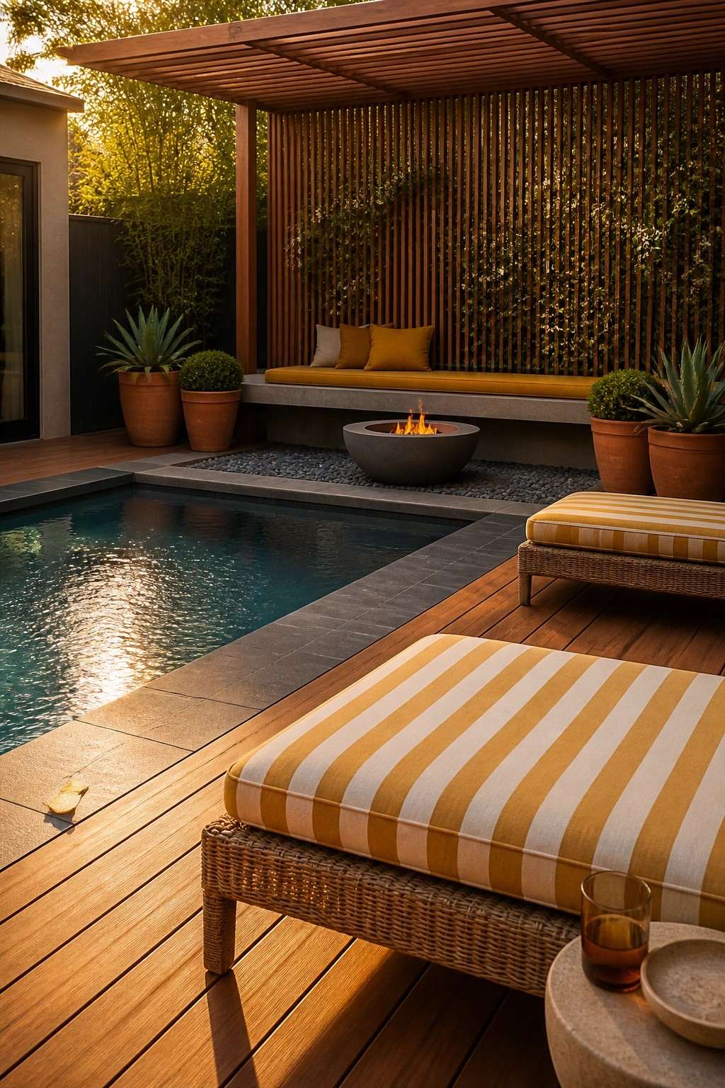 A backyard pool patio with a wooden deck, striped lounge chairs, a round fire pit, and a pergola-covered built-in bench with yellow cushions.