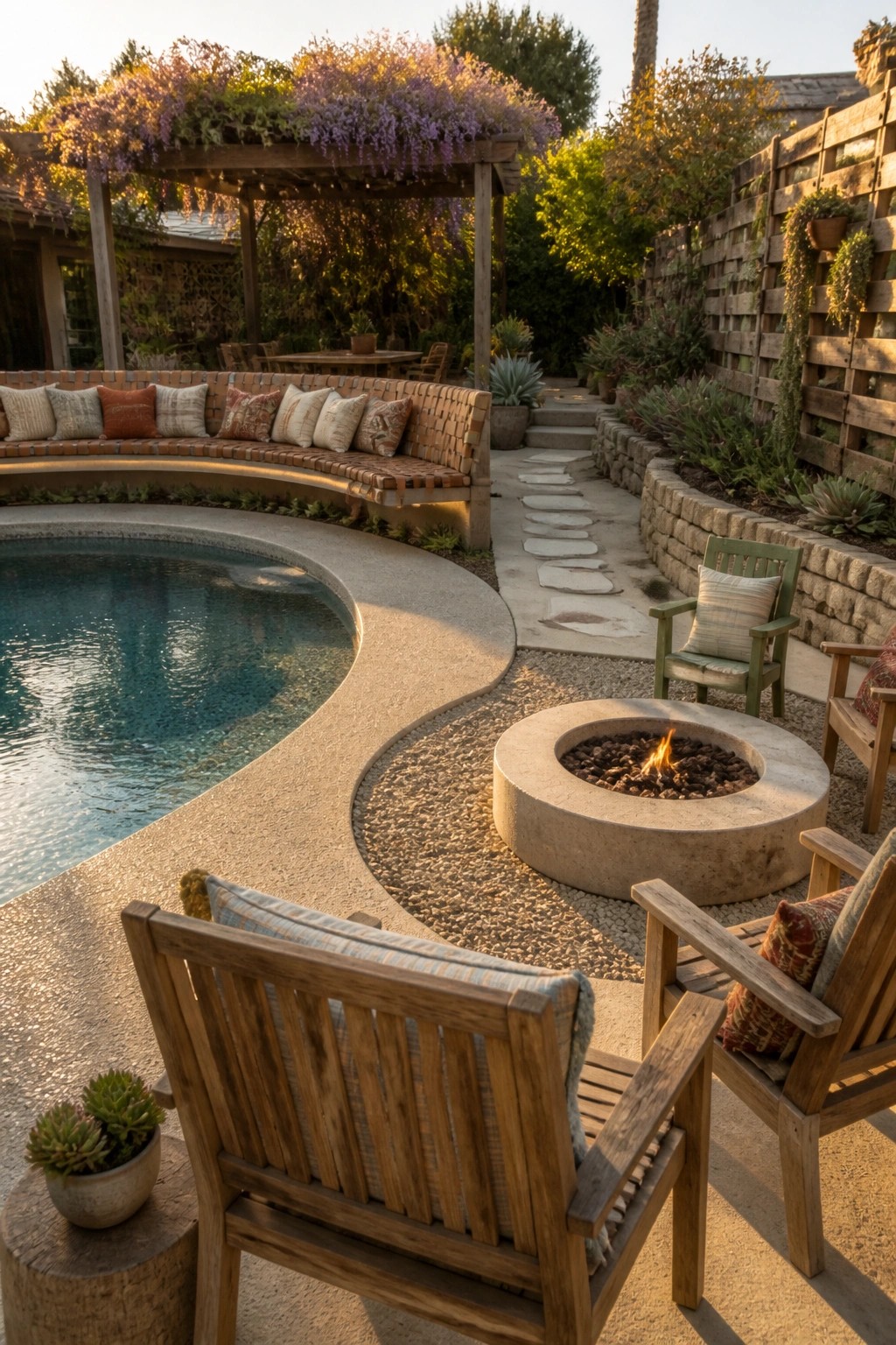 A backyard pool patio with a curved concrete deck, built-in bench seating with pillows along the pool edge, a round stone fire pit, wooden lounge chairs, and a wooden pergola covered in purple flowers.
