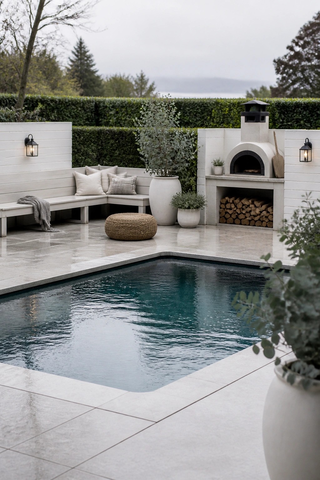 A rectangular pool with light stone decking, an L-shaped white built-in bench with cushions, a white pizza oven structure with stacked firewood, and several large potted plants.