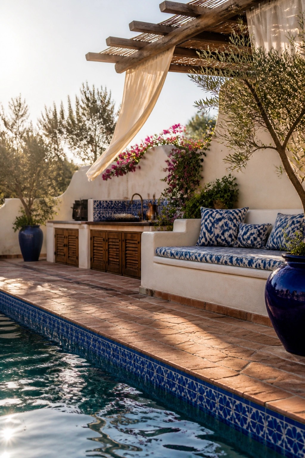 A poolside patio with a white built-in bench featuring blue patterned cushions, positioned next to a blue-tiled pool under a wooden pergola with sheer curtains.