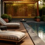 A backyard pool patio with a wooden deck, striped lounge chairs, a round fire pit, and a pergola-covered built-in bench with yellow cushions.