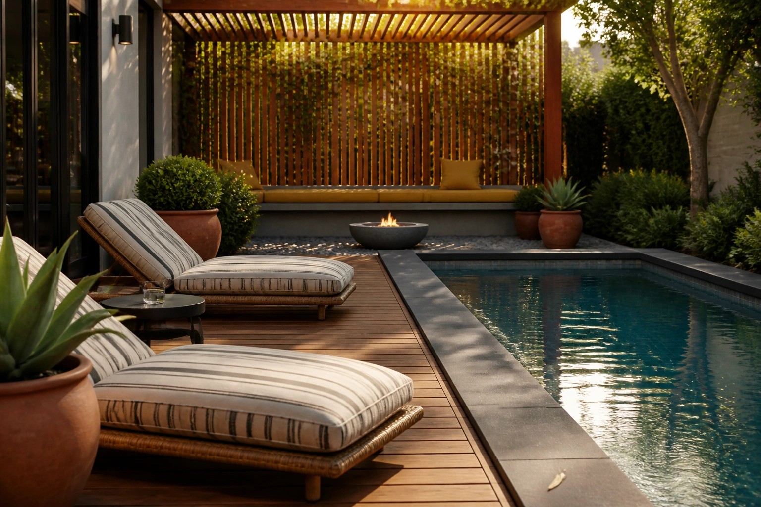 A backyard pool patio with a wooden deck, striped lounge chairs, a round fire pit, and a pergola-covered built-in bench with yellow cushions.