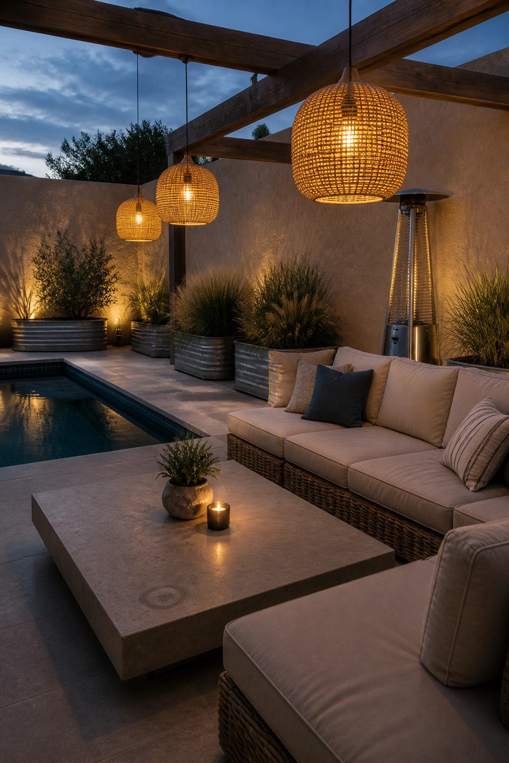 Outdoor pool patio at dusk with a large wicker sectional sofa, concrete coffee table, glowing woven pendant lights, patio heater, and potted plants along a stucco wall.